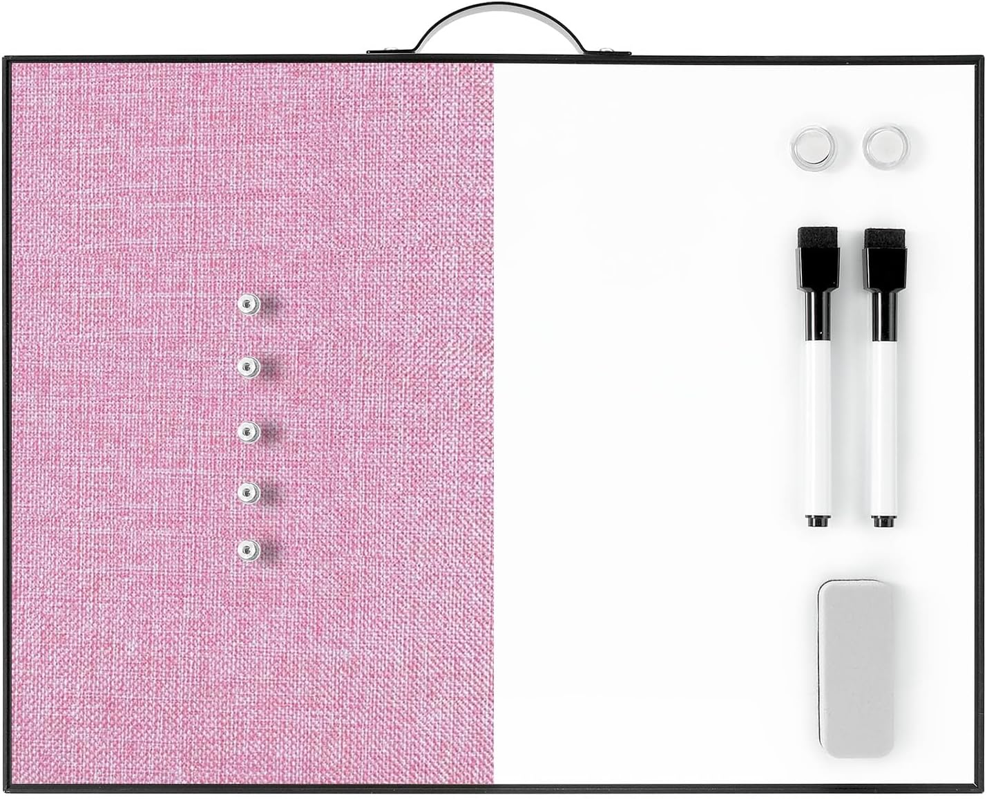 Small White Board Cork-Board Combo - 16 X 12 inches Pink Linen Board & Magnetic Dry Erase Board for Wall, Mini Bulletin Cork Board with Holder for Office, Home and School