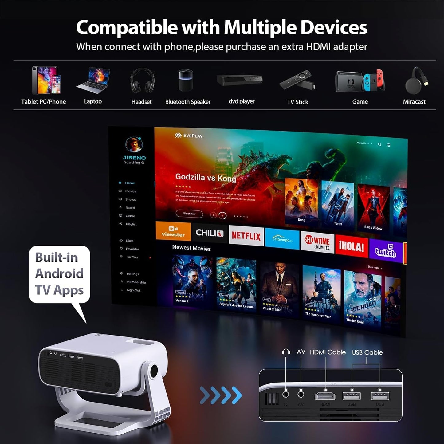 Smart Projector with WiFi 6 and Bluetooth Built-in Apps - 4K Support Portable Mini Projector Native 1080P , 2025 New Auto Keystone & Zoom Home Theater Cinema Movie Proyector, 120° Stand, Grey
