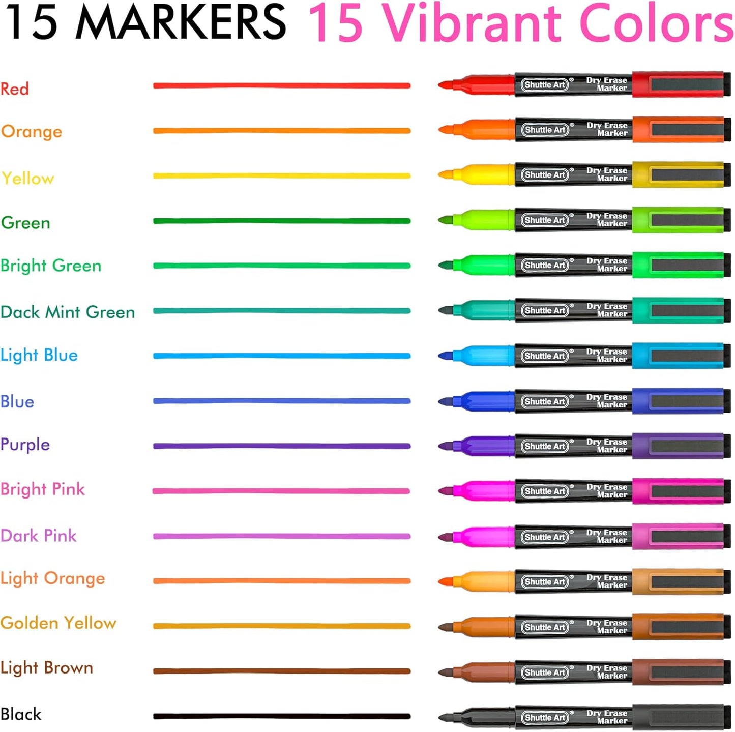 Shuttle Art Dry Erase Markers, 15 Colors Magnetic Whiteboard Markers, Fine Point, Perfect For Writing on Whiteboards, Dry-Erase Boards,Mirrors for School Office Home