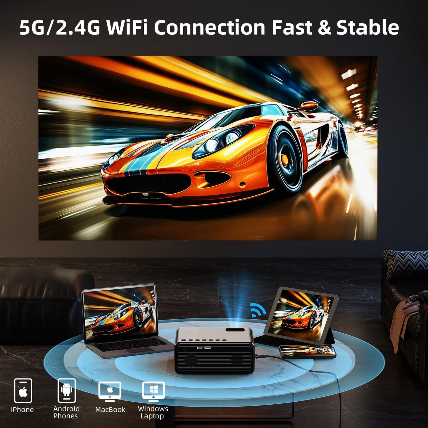 FUDONI Projector with WiFi and Bluetooth 4K Supported, Upgraded Outdoor Movie Projectors Native 1080P FHD, Video Proyector for Home Theater, Compatible w/HDMI/USB/iOS/Android/Windows/TV Stick