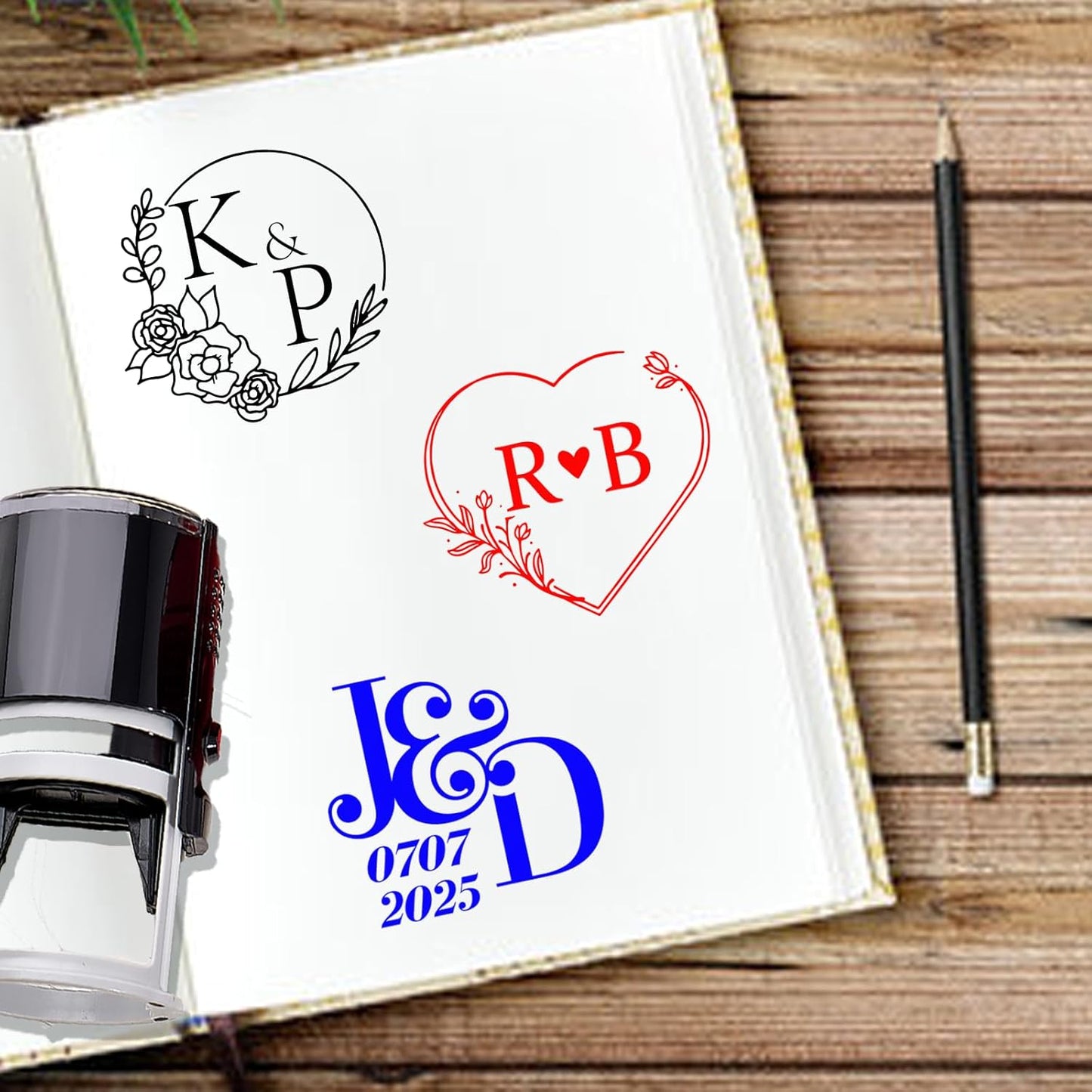 Personalized Book Embosser Stamp with Name & Design, Custom Hand Carved Library Embosser Set, Elegant Invitation Seal of Self-Inking from Library Stamp Kit (Wedding)