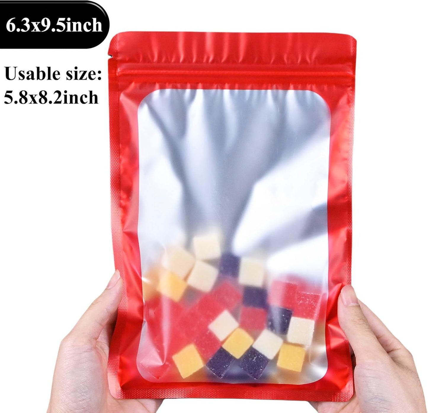 Resealable Mylar Pouch Bag Great for Office Home Party Favor Food Storage (100PCS, Red Color, 6.3 x 9.5 inch)