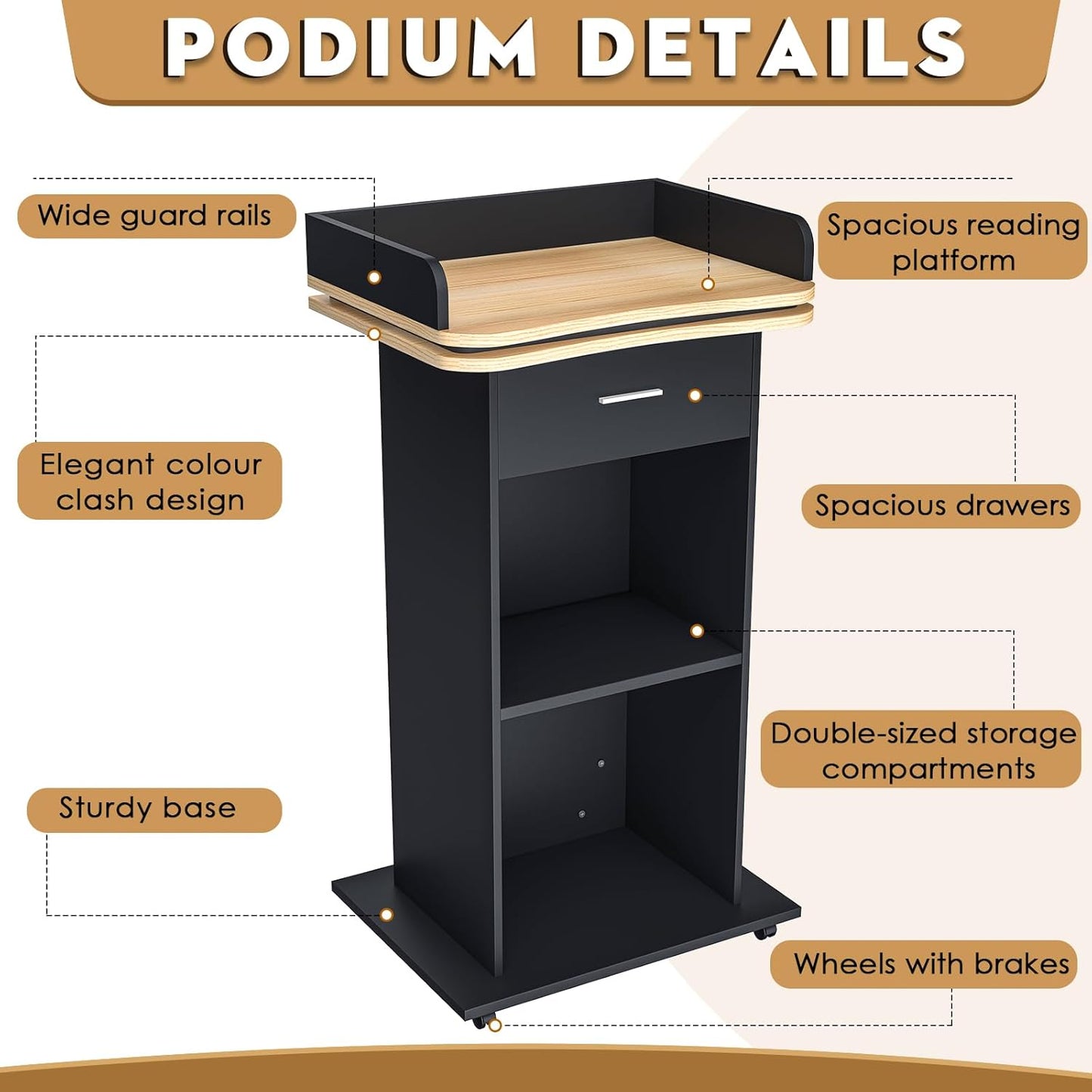 43" Wood Podium Stand with 3 Levels of Storage, Portable Lectern with Wheels, Floor Standing Customer Reception Podiums Mic Stand Desk for Churches, Office, School,Conference, Auditorium