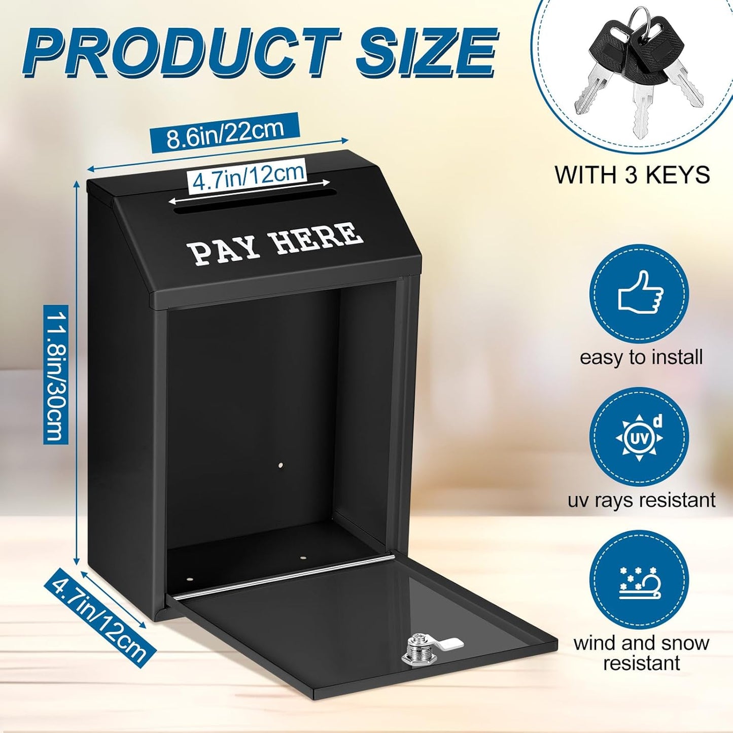 Safe Cash Box Money Collection Metal Donation Box with Lock Wall Mount Pre Drilled Mailbox Delivery Ballot for Home Office Outdoor Self Serve Stand(Black,11.8 x 8.6 x 4.7 Inch)