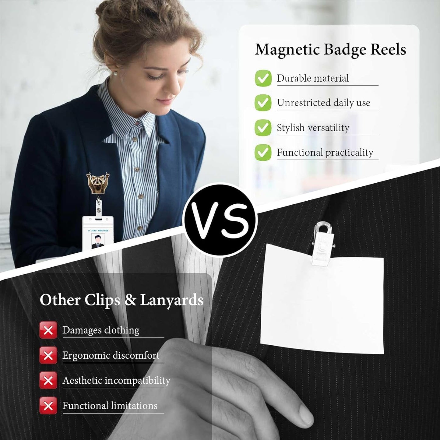 Magnetic Badge Holder with Strong Magnet Back, Rock Raccoon Retractable Badge Reel, ID Card Clip for Nurses, Teachers, Office Professionals