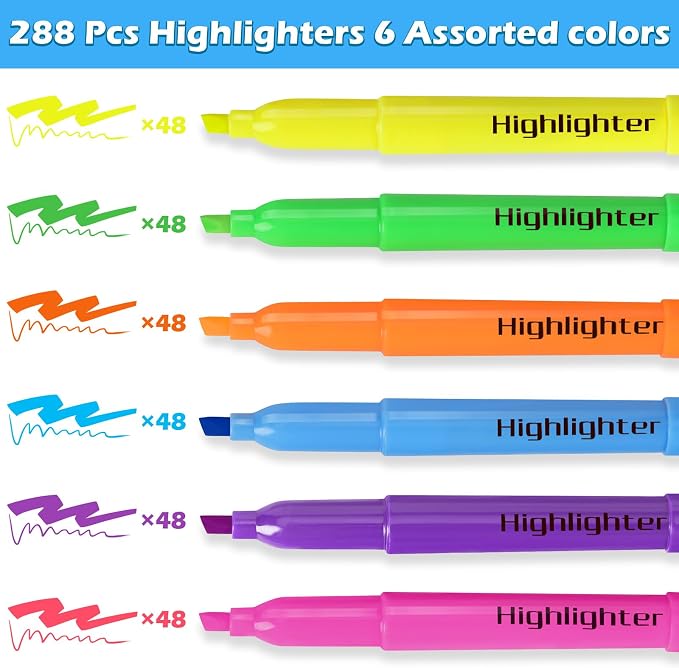 KIZZYEA 288 Pack Highlighters in 6 Assorted Colors, Chisel Tip Dry-Quickly - Image 5