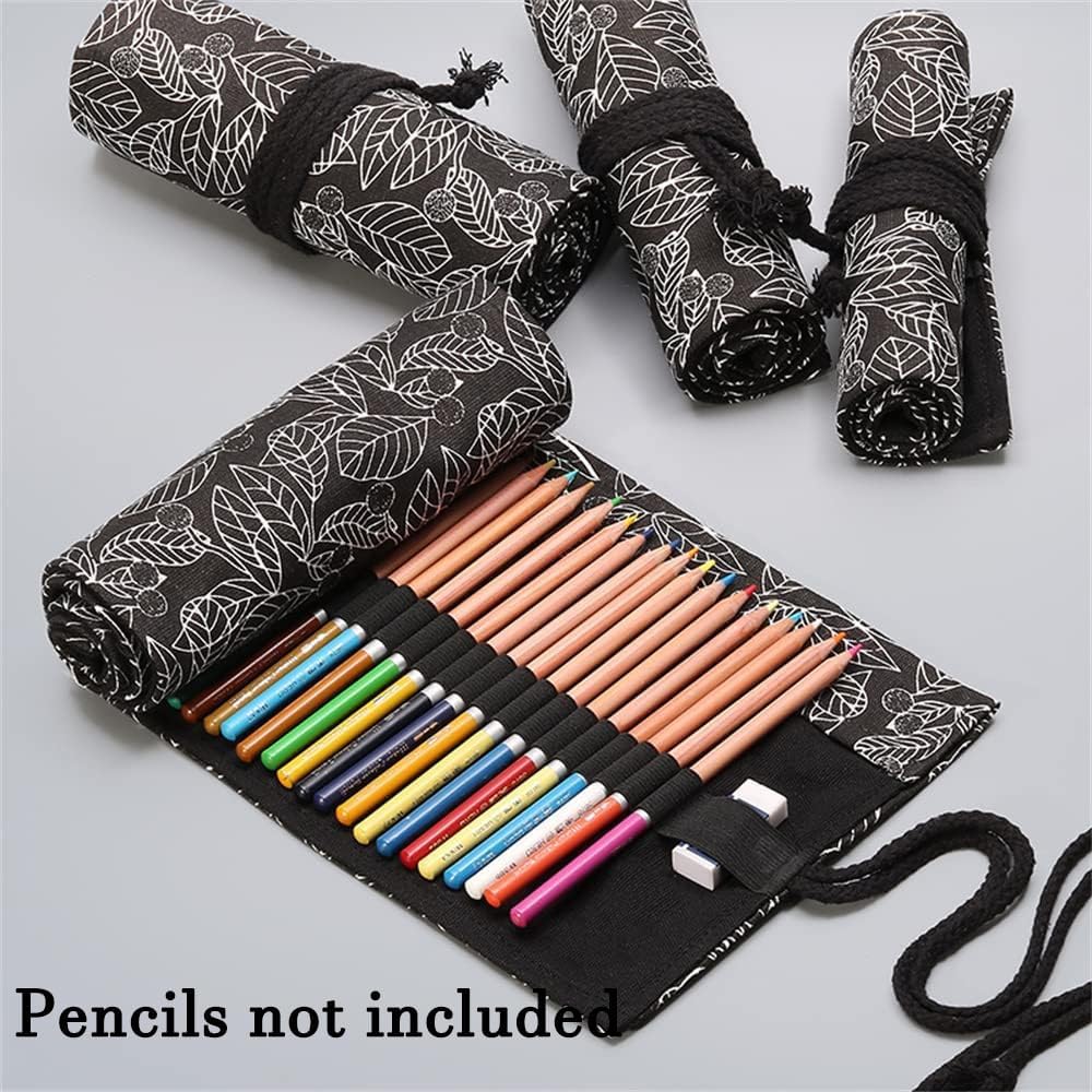 DIYOMR 24/36/72 Slots Pencil Wrap Pencil Rolls, Artist Colored Pencils Roll Up Bag Short Brushes Pouch Case Pencils Organizer for Drawing Coloring and Sketching (Black Leaves, 72slots)