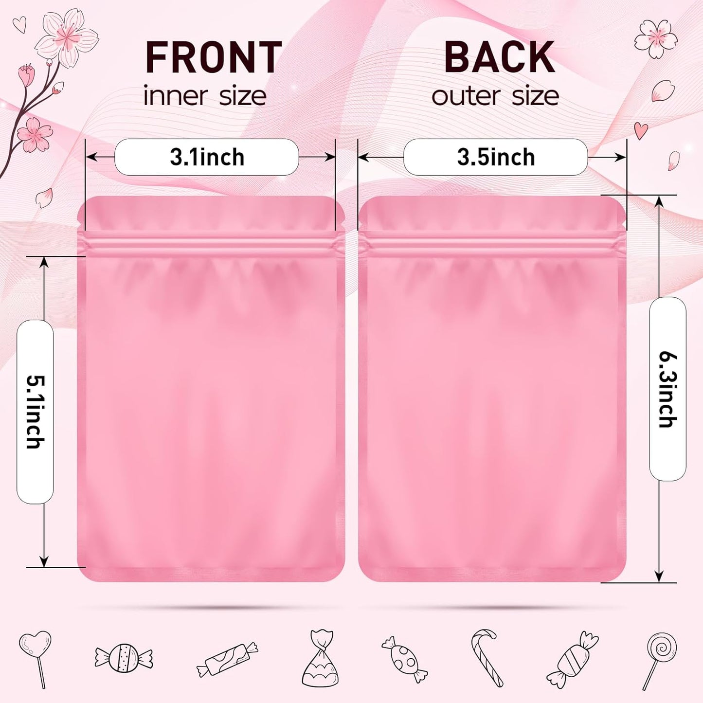 Funfery 100 Pack Pink Mylar Packaging Bags Resealable Bags Double Sided Color Odor Proof Pouch Baggies Smell Proof Foil Bag for Food Storage,Small Business(Pink,3.5x6.3inch)