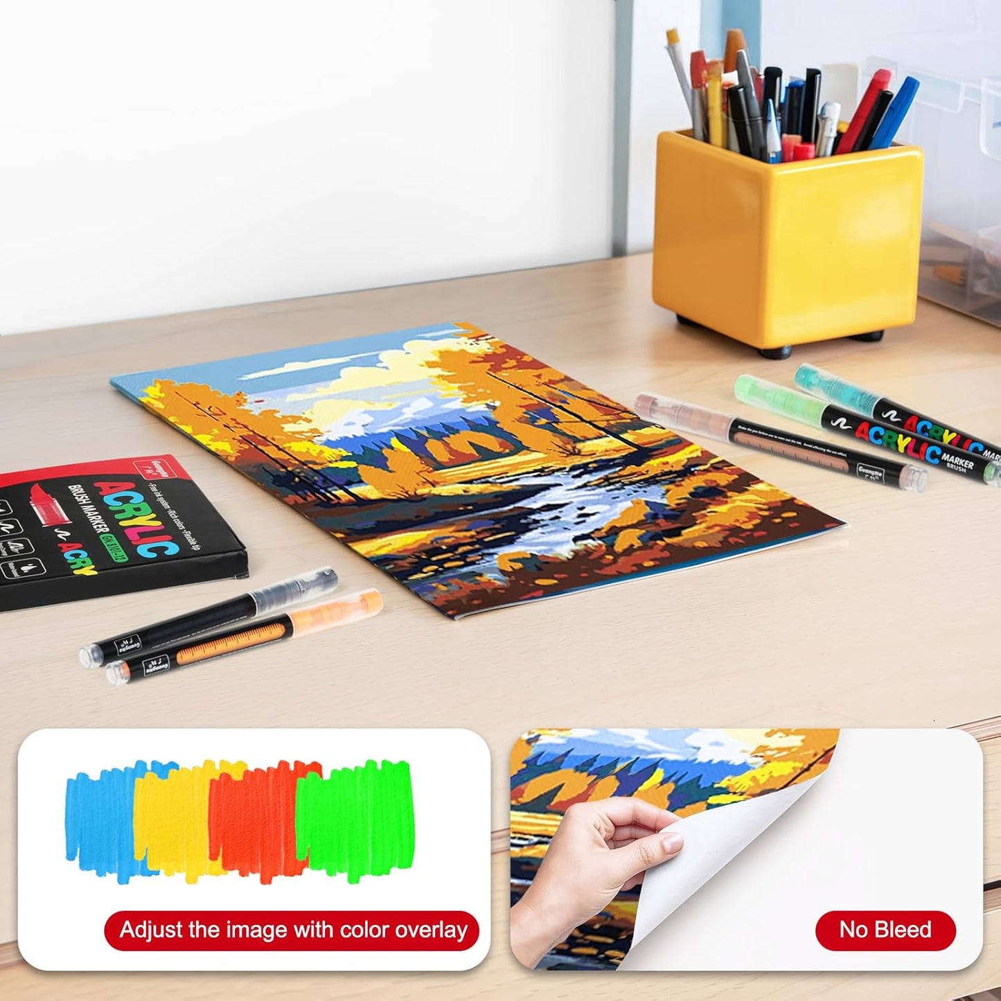 JRQ Acrylic Paint Markers Paint Pens, 12 Colors Direct Liquid System & Brush Tip, Acrylic Markers for Wood, Rock Painting, Glass, Canvas, Ceramic, Fabric, Plastic, DIY Art Crafts Supplies