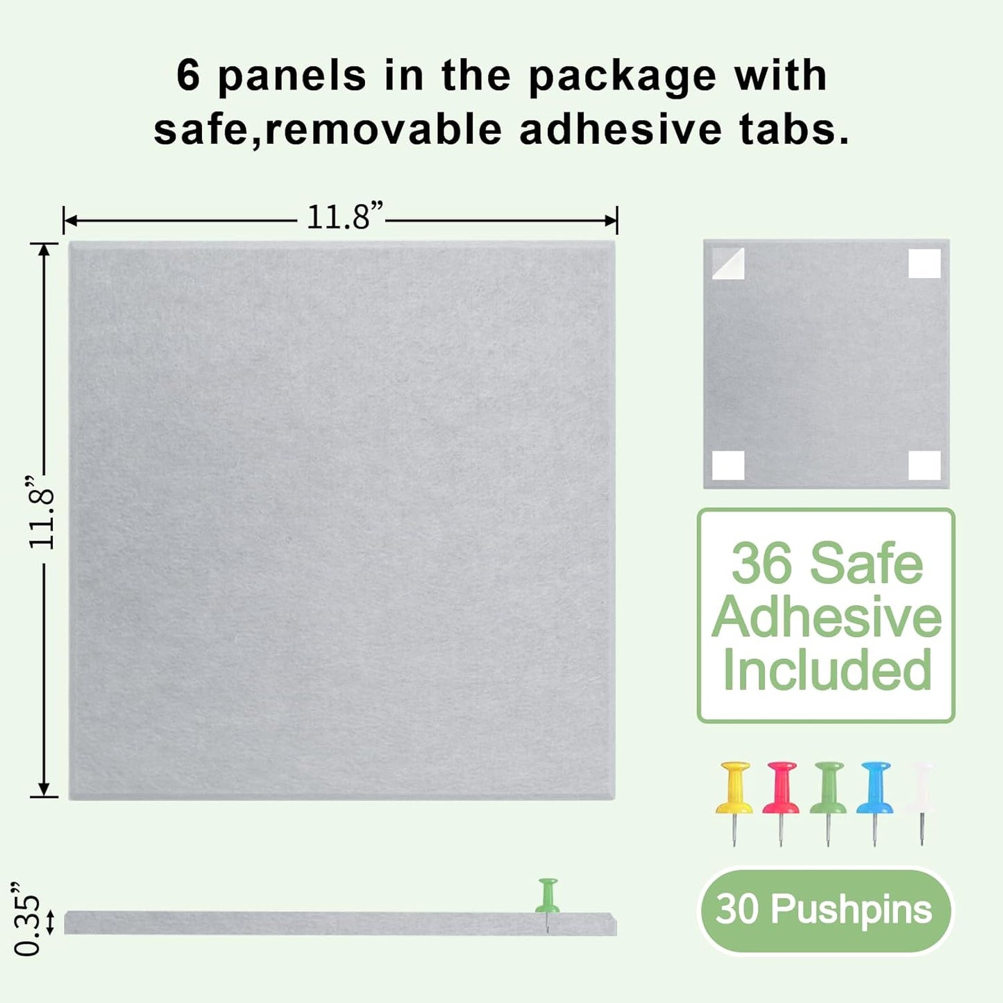 Large Cork Board for Wall 6 Pack, Bulletin Board 36" X 24", Felt Board Wall Tiles with 72 Damage-Free Removable Pads & Push Pins, Alternative Pin Board Cork Board for Office Home, Light Grey
