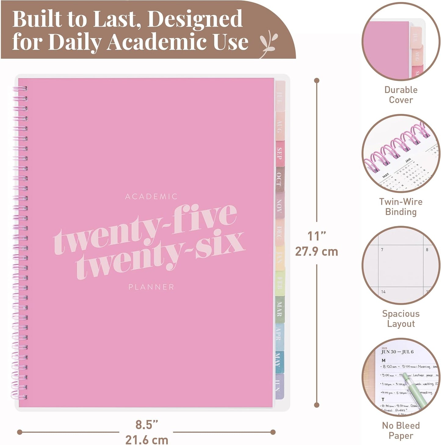 Rileys Academic Planner 2025-2026, Daily, Weekly & Monthly Planner, July 2025 - June 2026, Student Notes Pages, Twin-Wire Binding, Weekly Agenda for School & Work (8.5 x 11-Inches, Pink, Diagonal)