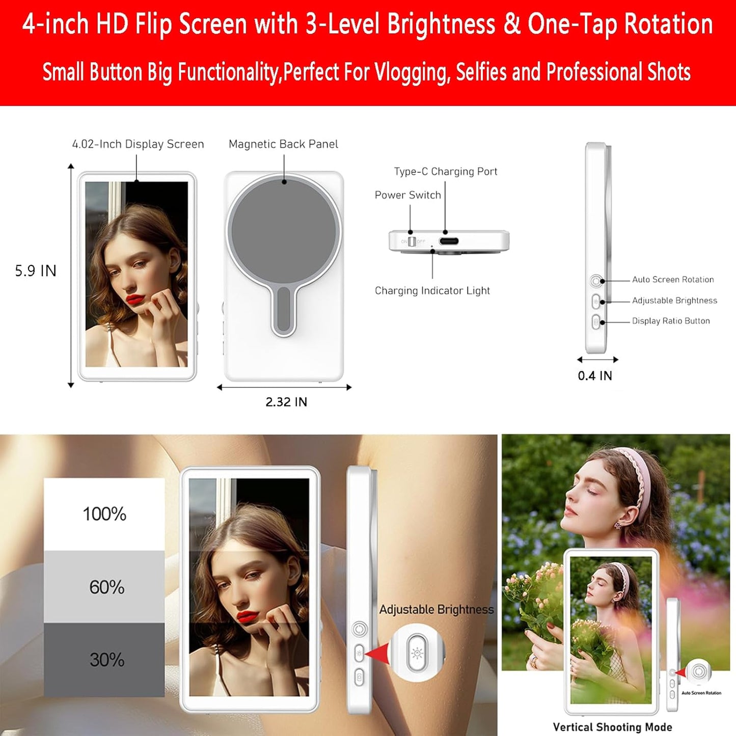 Magnetic Phone Vlog Selfie Monitor Screen for iPhone & Android, Wireless Screen Mirroring Connection with Bluetooth Remote, Using Phone Rear Camera for Selfie Vlog Live Stream TikTok YouTube White