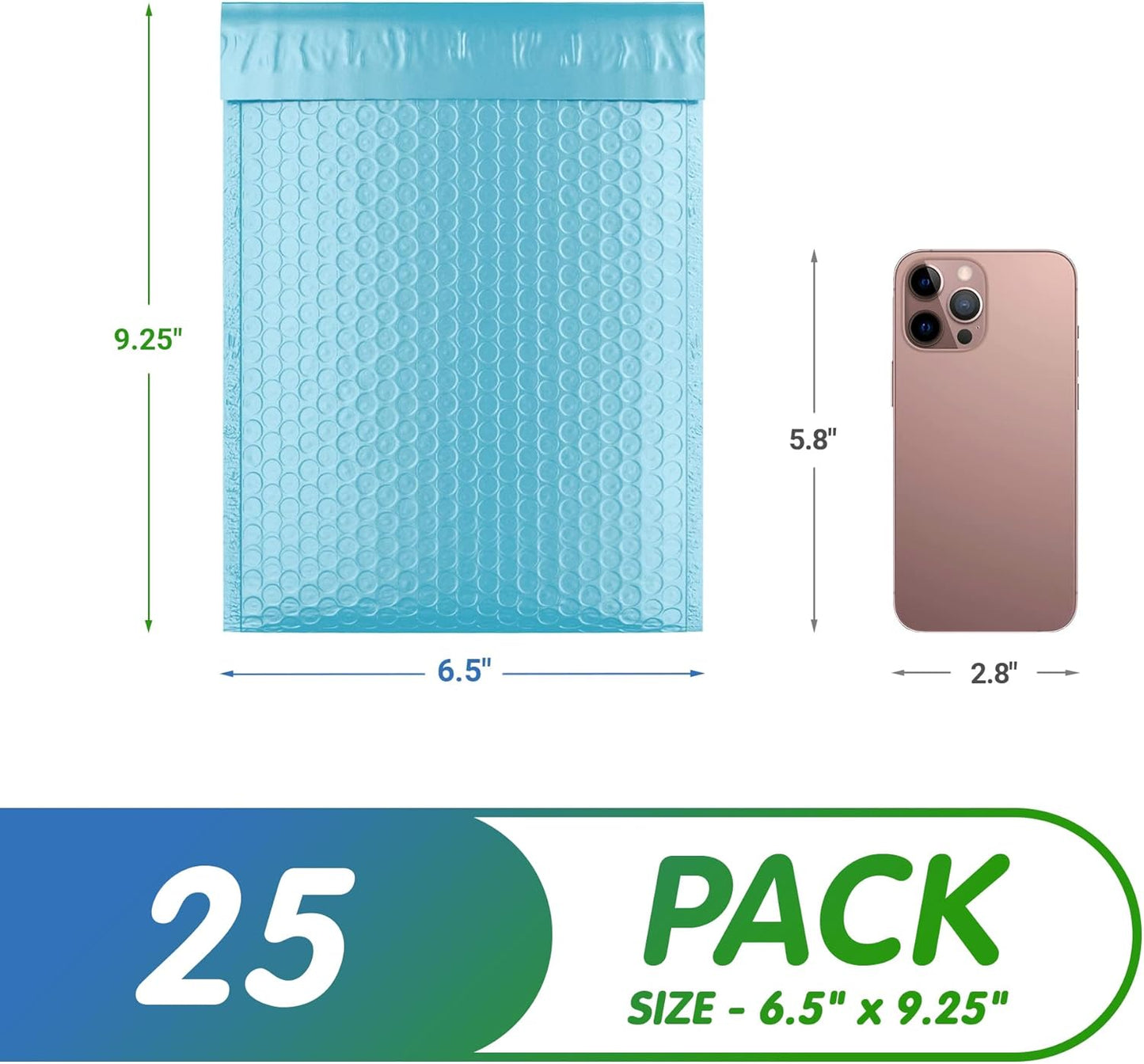 Light Blue Poly Bubble Mailers Self Seal, 6.5 x 9.25 Inch. Pack of 25 Bubble Packaging Envelopes for Shipping. Durable Padded Envelopes Waterproof. Self Seal Padded Mailers. Shipping Packages
