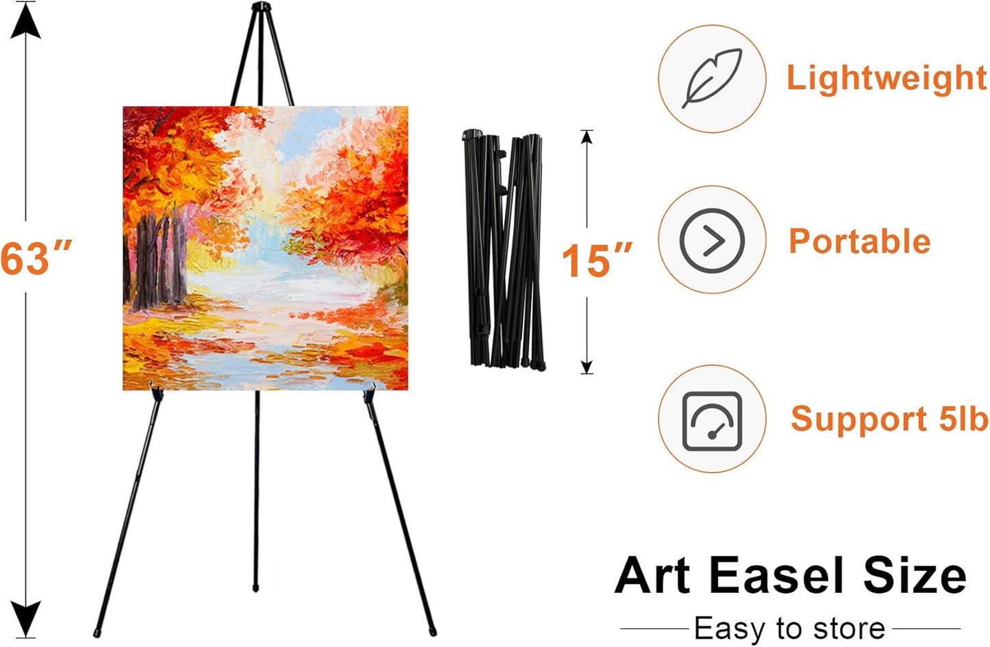 63" Folding Easel Stand for Display,Adjustable Floor Poster Easel for Arts,Pictures,Paintings,Telescoping Black Metal Easel Fit for Signs at Exhibition,Lobby,Holds 5lbs,3Pack