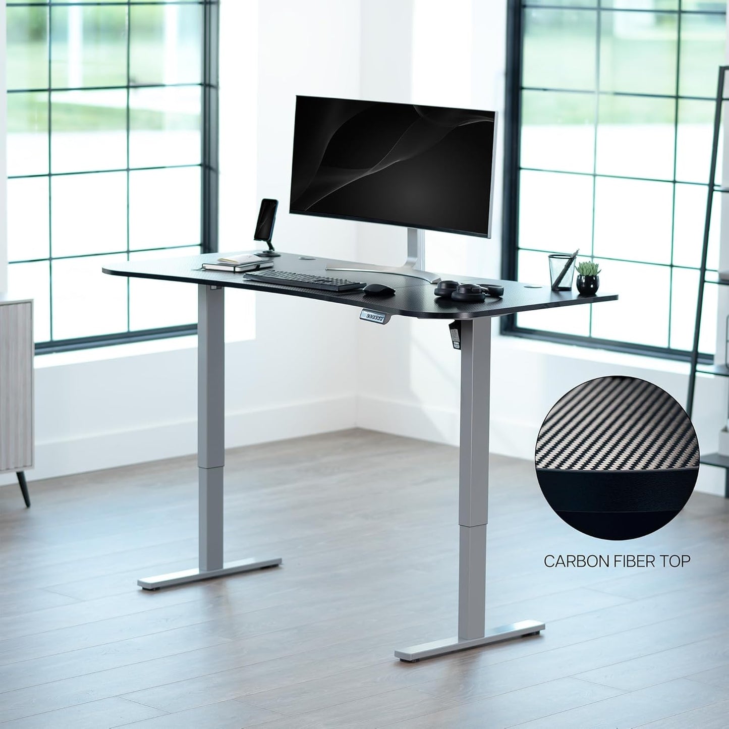VIVO Electric 63 x 32 in Standing Desk, Memory Height Adjustment, 1B Series, Black Carbon Fiber Top Gray Frame, DESK-KIT-1G1R