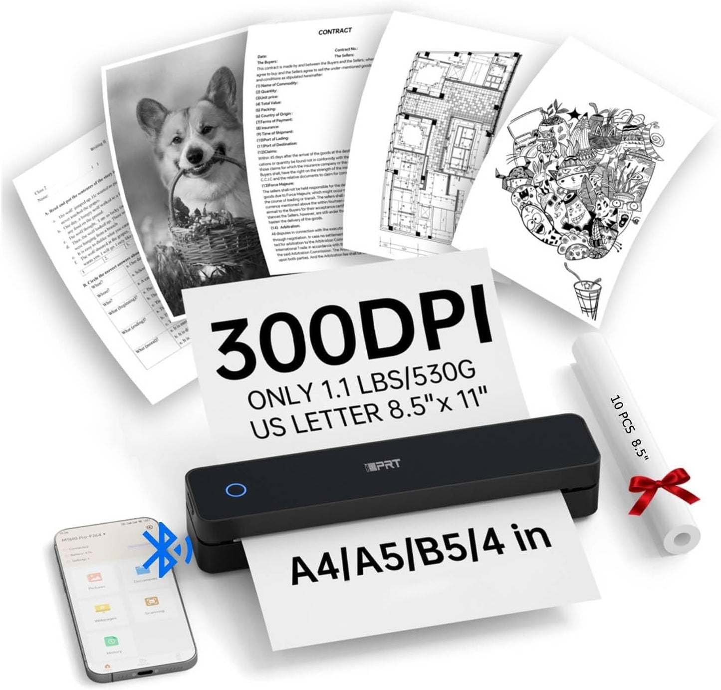 iDPRT Portable Printer Wireless for Travel, 300DPI Inkless Bluetooth Thermal Printer, Compatible with iOS, Android, PC, Small Mobile Printers Supports 8.5" x 11" US Letter for Home, Office, Vehicles