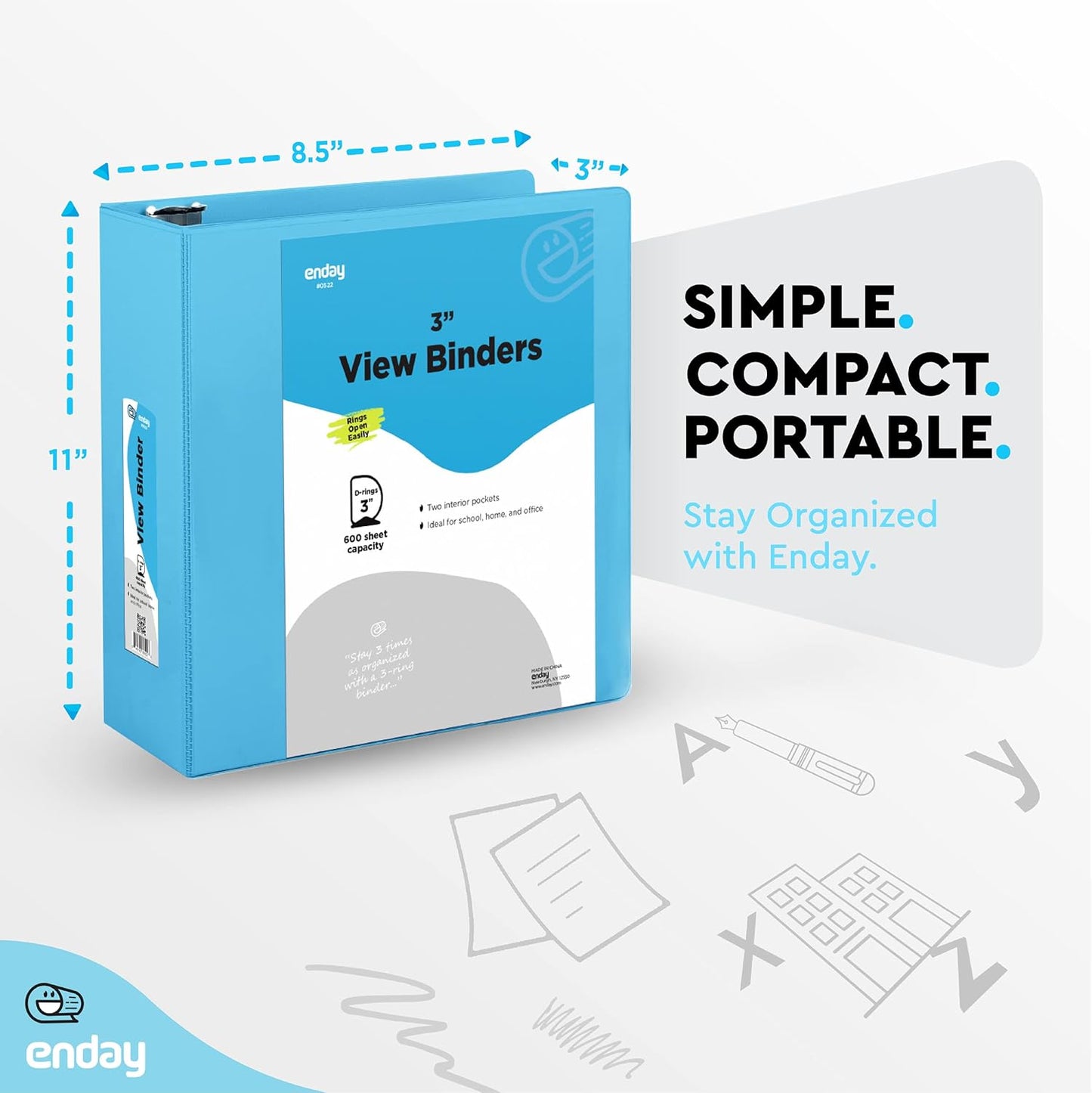 3 Slant D-Ring Binder 3 Inch Blue, 3 in Clear View Cover with 2 Inside Pockets Binder, Heavy Duty Colored School Supplies Binders,Also Available in Green, Grey, Purple, Red, Pink (24 PC) – by Enday