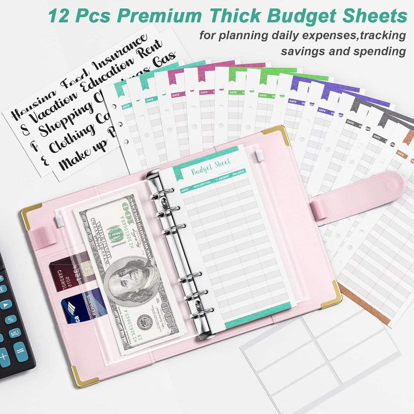 Rnivvi Budget Binder with Zipper Envelopes, A6 Money Saving Binder Cash Envelopes for Budgeting, PU Leather Planner Money Organizer for Cash Stuffing Planning, Cute System Wallet for Women Men, Pink