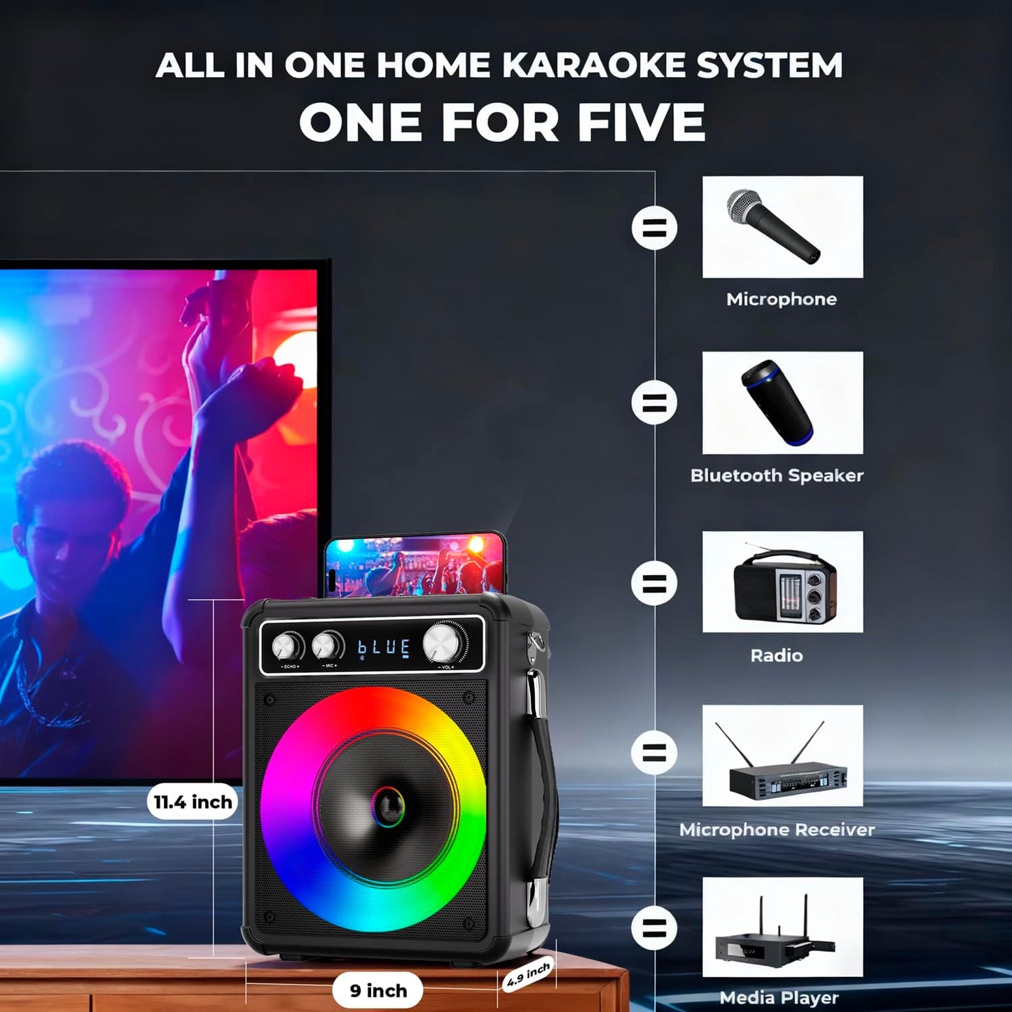 Karaoke Machine, Portable Bluetooth Karaoke Speaker with 2 Wireless Microphones, PA System for Adults Kids with LED Lights, Supports FM/AUX/USB/TF for Home Party