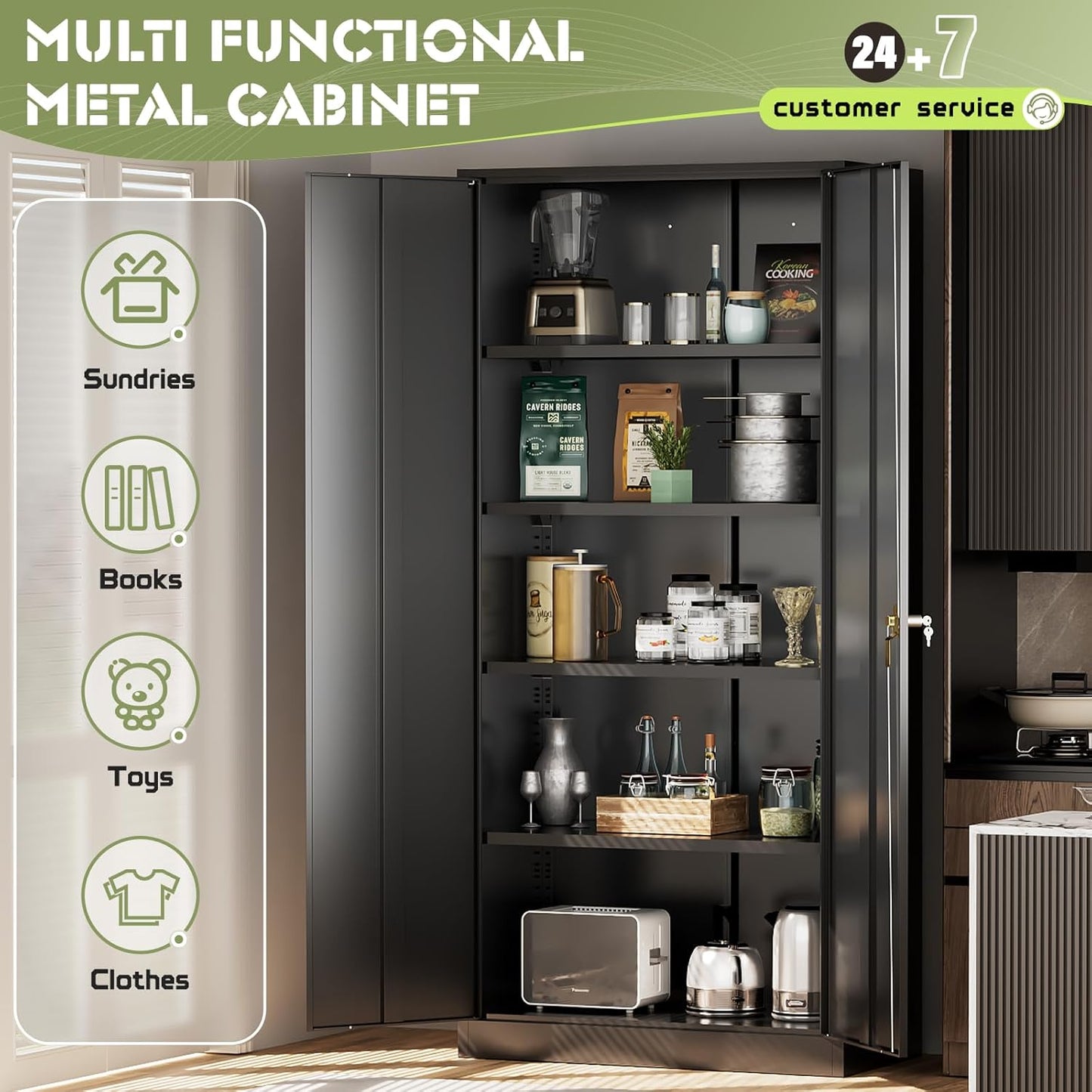 SUNCROWN 72" Metal Storage Cabinet - Heavy-Duty Metal Garage Cabinet with 4 Adjustable Shelves & 2 Doors for Tools, Office, Home, Workshop,Black