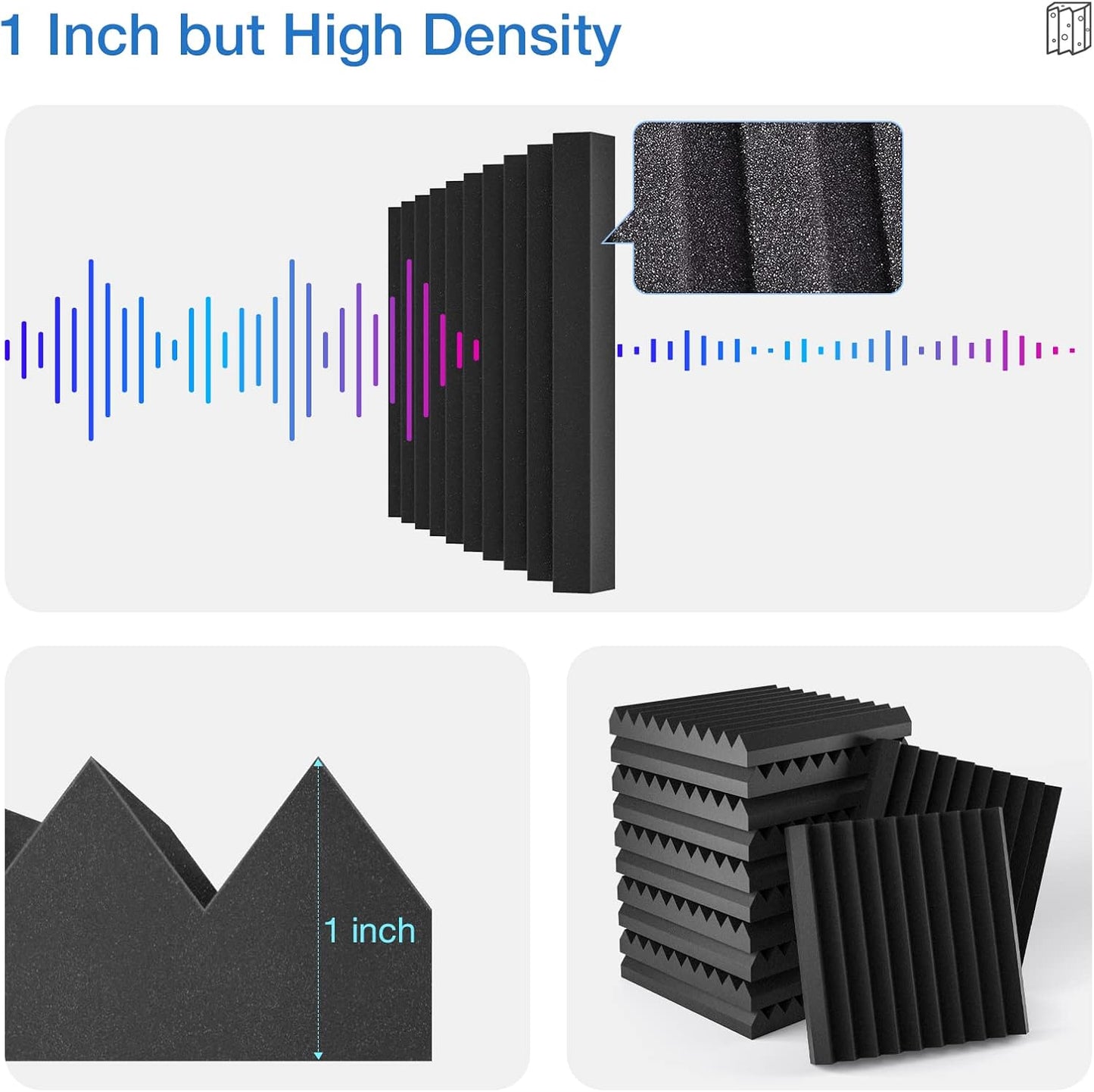 24 Pack Self-Adhesive Acoustic Panels - 1"X 12"X 12"Wall Panels - Quick-Recovery and High Density Sound Panels - Sound Proof Acoustic Foam for Home Studio - Black
