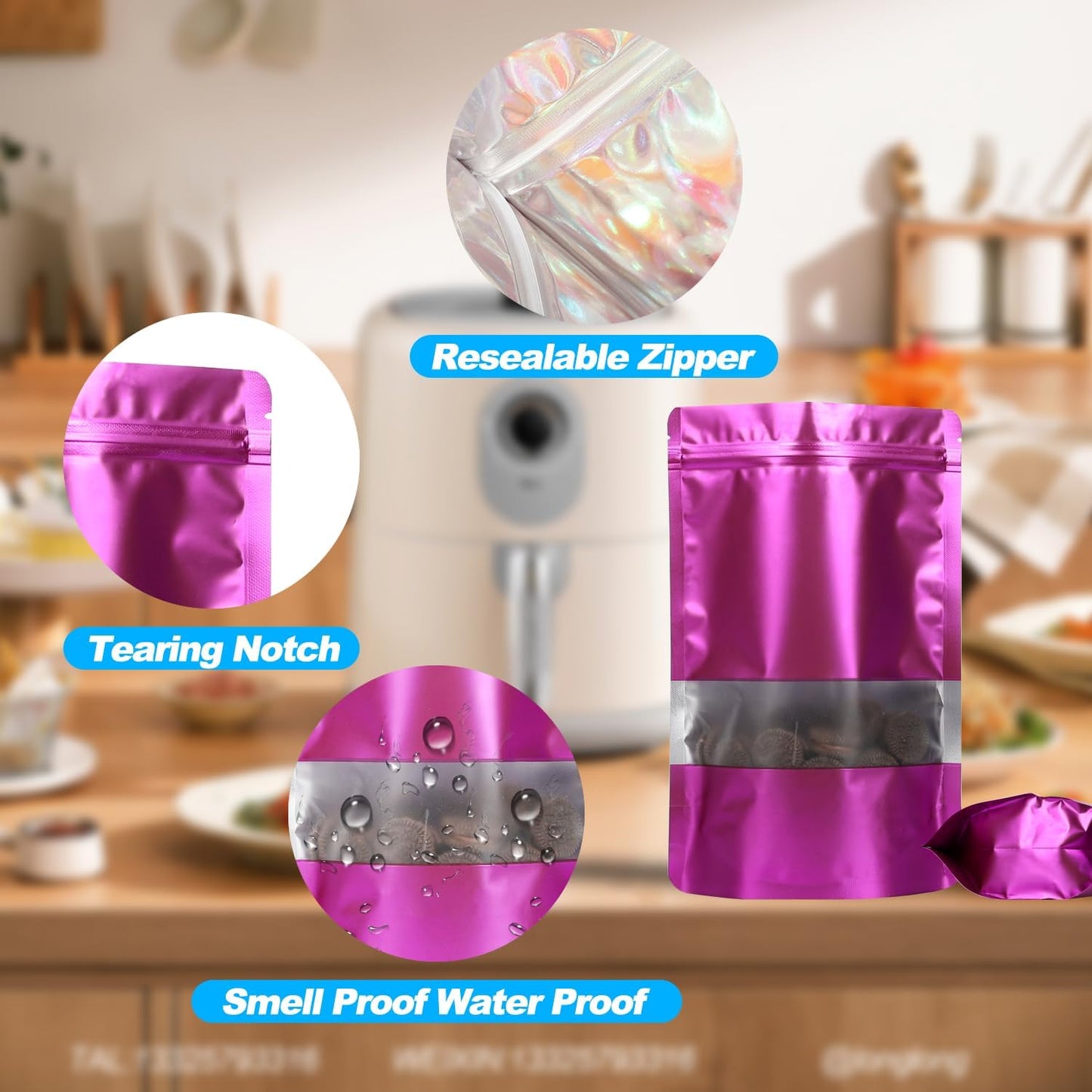100 Pack Smell Proof Bags, Resealable Mylar Bags with Matte Window, Foil Pouch Stand-up Bags for Food Self Sealing Storage, Scratch Resistant Hand Storage Bags. (Purple, 5.9×8.6 Inch)
