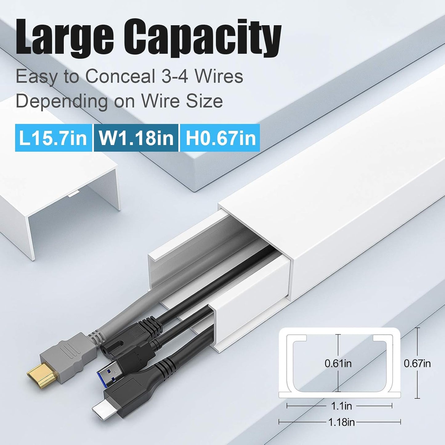 Yecaye 125in Large Cord Hider for 3-4 Wires, Paintable Cord Cover Wall Cable Management System, PVC Wire Hide, Cable Raceway Kit for Wall Mount TV, W1.18in H0.67in, White