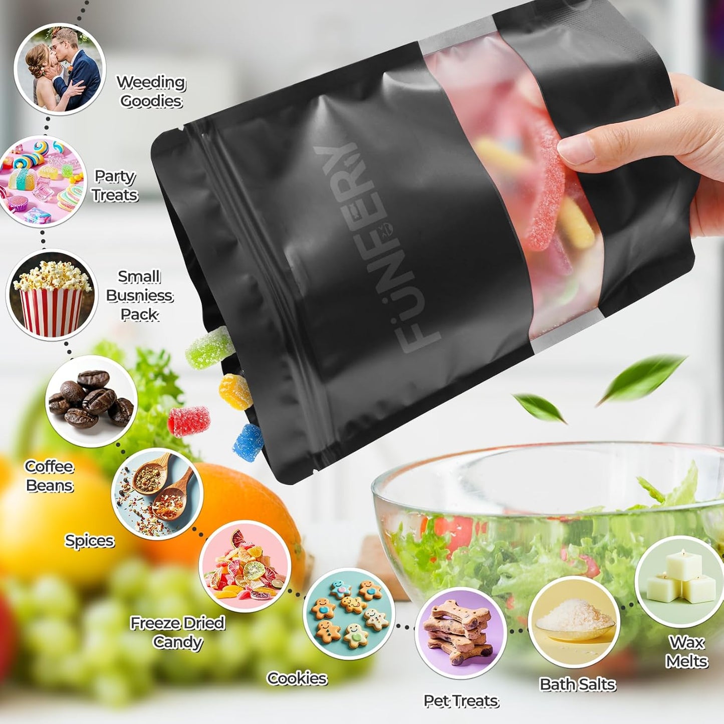 Funfery 100 Pcs Smell Proof Packaging Bags,Mylar Clear Bags for Food Storage,Sealable Bag for Packaging,Stand Up Pouches with Window,ReSealable Bag for Small Business,Cookies,Candy(Black,6.3x9.4in)