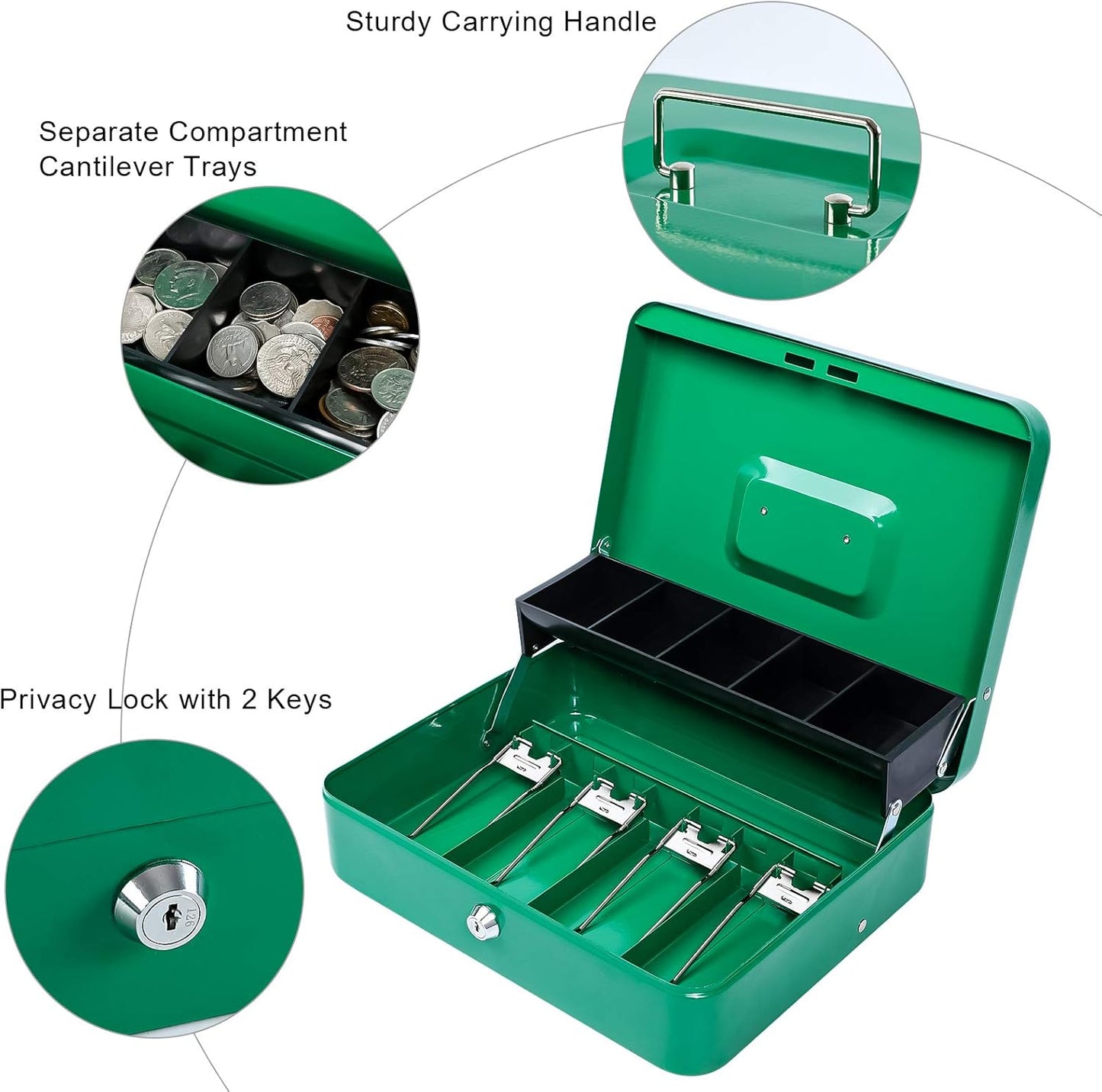 KYODOLED Locking Cash Box with Lock,Money Box with Cash Tray,Lock Safe Box with Key,Money Saving Organizer,11.81Lx 9.45Wx 3.54H Inches,Green XL Large