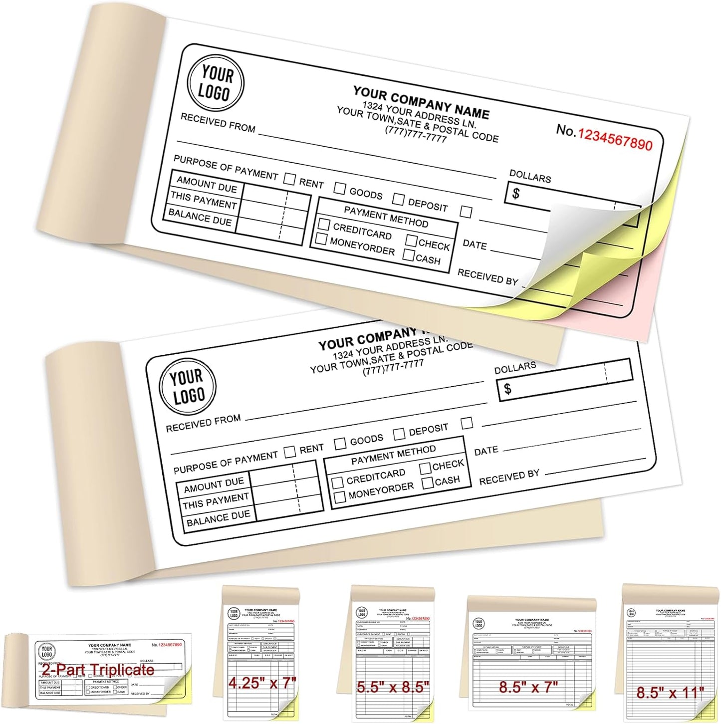 Custom Invoices Receipt Book for Small Business Personalized 3-Part Duplicate Carbonless Logo Receipt Books Sales Payment Forms with Company Name Address Phone Number 100 Sets 2.83" x 7"