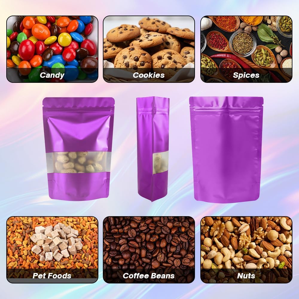4CP 100 Pcs 4.0x6.0 Inch Zipper Smell Proof Bags with Window, Stand Up Foil Pouches for Food Selfsealing Storage, Reusable Bag for Packaging Small Business, Cookies, Nunt, Candy Purple