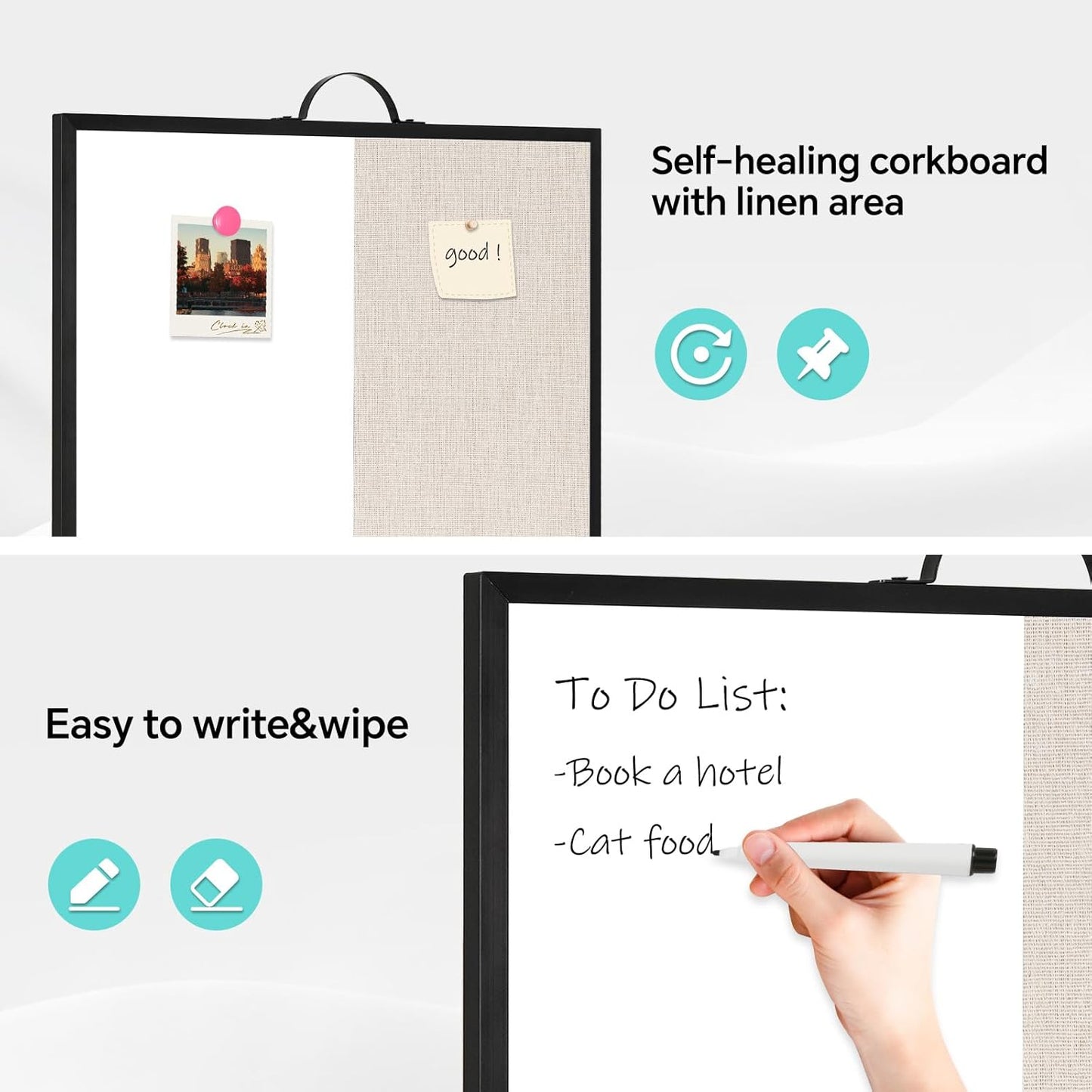 White Board Linen Bulletin Board Combo, 16"x12", Double-Sided Magnetic Dry Erase Cork Board for Walls, Aluminum Frame Small Pin Board with Handles for Home, Office, School, Beige Felt