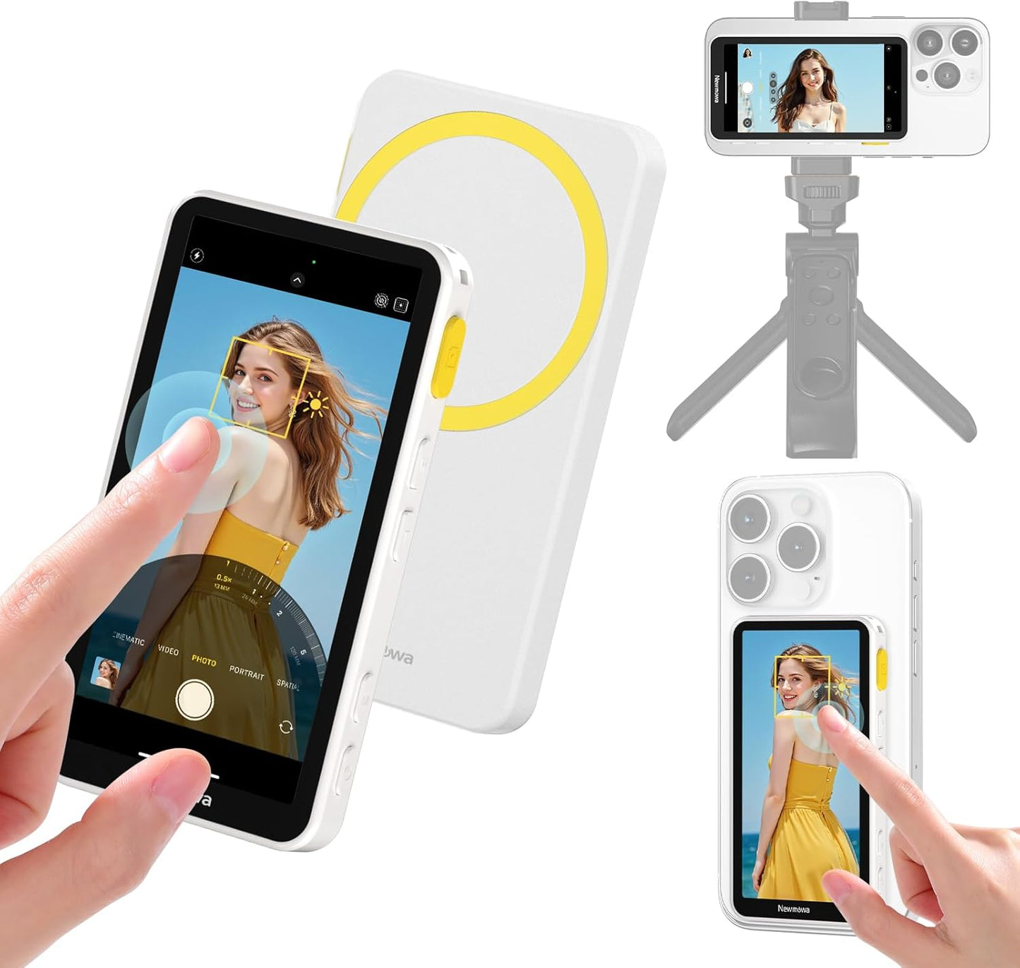 Newmowa Touchscreen Phone Vlog Selfie Monitor Screen, Magnetic Wireless Back Camera Selfie Monitor with Focus Adjustment ONLY for iPhone, Support 4K 30fps Wireless Recording for iPhone 15/16(White)