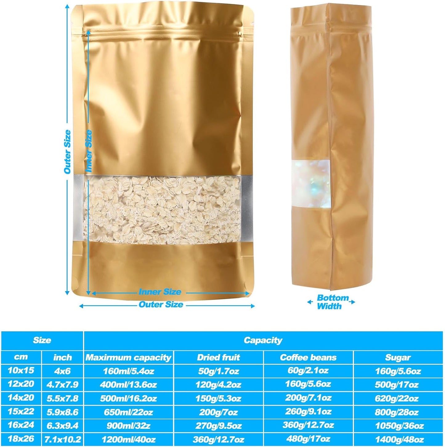 100 Pack Smell Proof Bags, Resealable Mylar Bags with Matte Window, Foil Pouch Stand-up Bags for Food Self Sealing Storage, Scratch Resistant Hand Storage Bags. (Gold, 5.9×8.6 Inch)