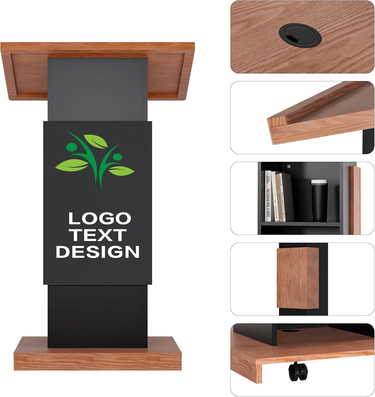 Customizable Logo & Text Podium Stand,Wood Lectern with Lockable Wheels,Church Pulpit with Storage,Mic Stand Space,Wooden Podium for Churches,Seminars and Schools (black)
