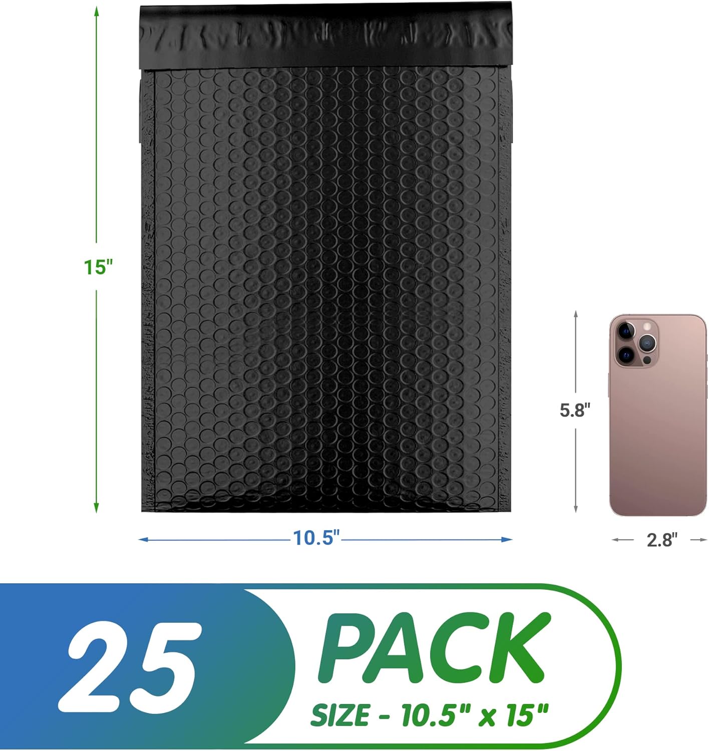 Matte Black Poly Bubble Mailers Self Seal, 10.5 x 15 Inch. Pack of 25 Bubble Packaging Envelopes for Shipping. Durable Padded Envelopes Waterproof. Self Seal Padded Mailers. Shipping Packages
