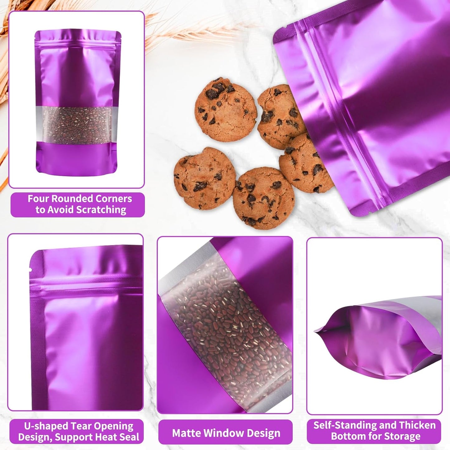 100 Pack Smell Proof Bags, Resealable Purple Mylar Bags with Matte Window, Foil Pouch Stand Up Sealable Bags for Packaging, 6.29 × 9.44 Inch