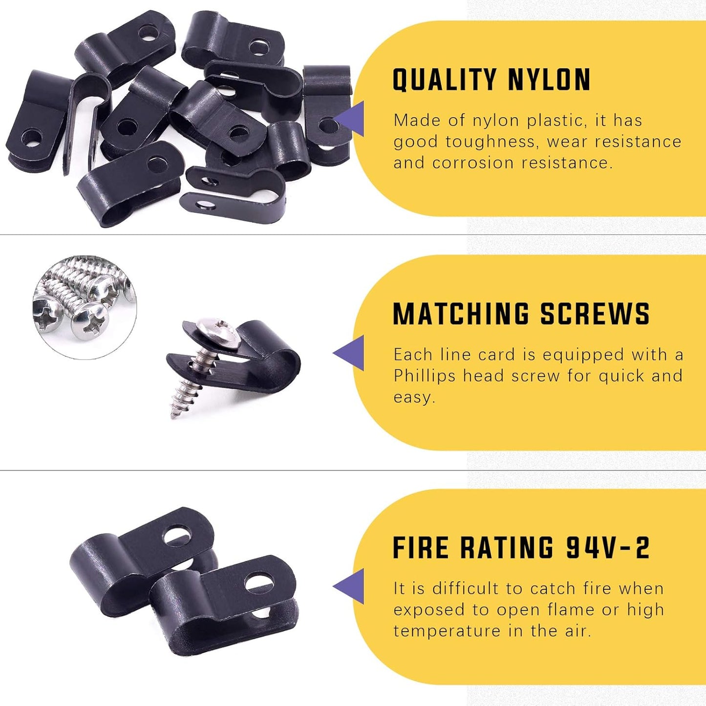 Swpeet 60 Pack Black 1/4 Inch Nylon Plastic R-Type Cable Clips Clamp Kit, Nylon Screw Mounting Cord Fastener Clips with 60 Pack Screws for Wire Management