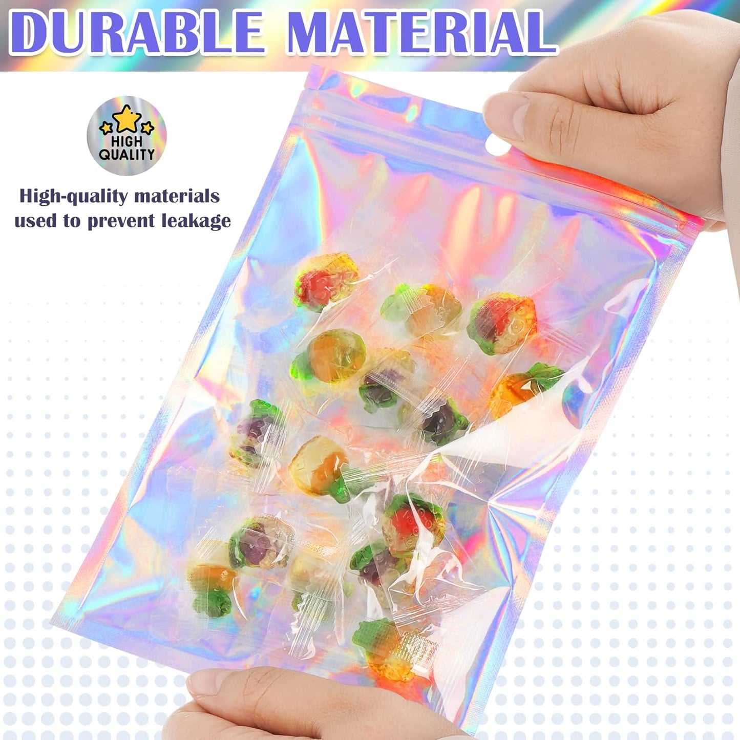 100 Pcs Mylar Bags - Holographic, Smell Proof, Resealable with Clear Window - Sealable for Pen, Brushes, Jewelry, Candy, Necklaces (2.4x9in)