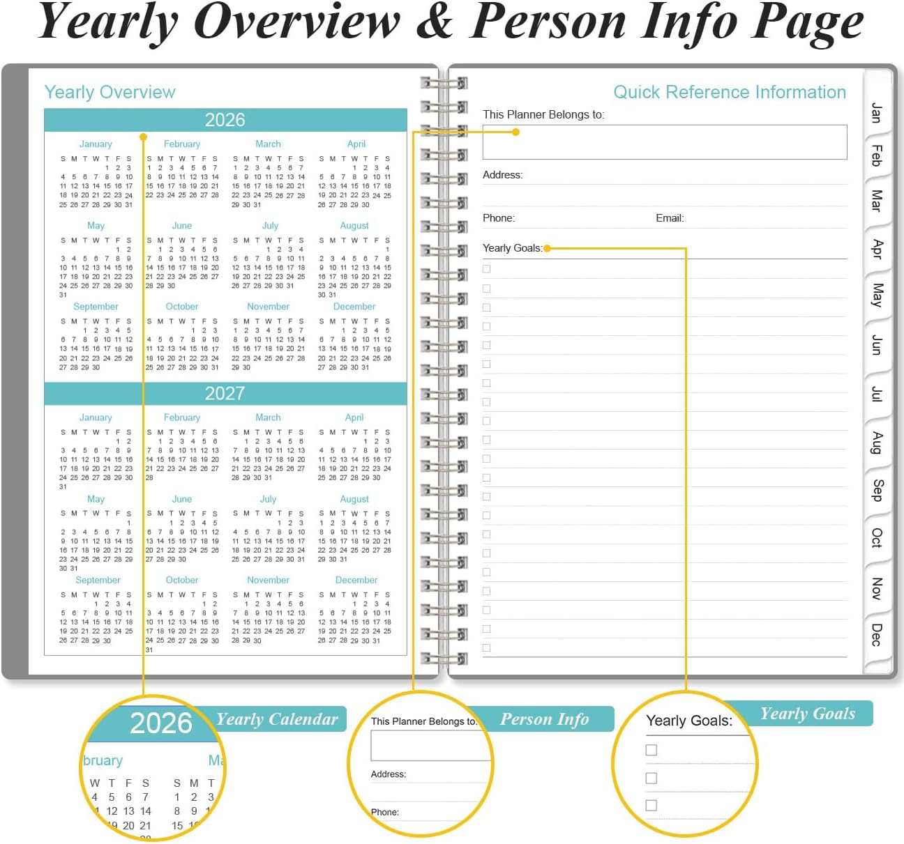 2026 Planner - Weekly and Monthly Calendar Planner from Jan 2026 - Dec 2026, Planner 2026 Spiral Bound with 12 Monthly Tabs, Inner Pocket, Perfect for School Office Supplies, 6.4" x 8.5", Grey-C