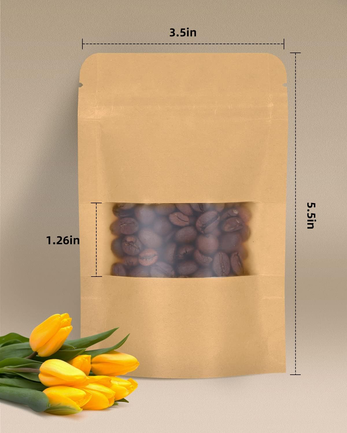 100pcs Kraft Bags with Window 3.5x5.5 Inches Brown Reusable Sealable Zip Lock Food Storage Stand up Paper Pouches for Home or Business