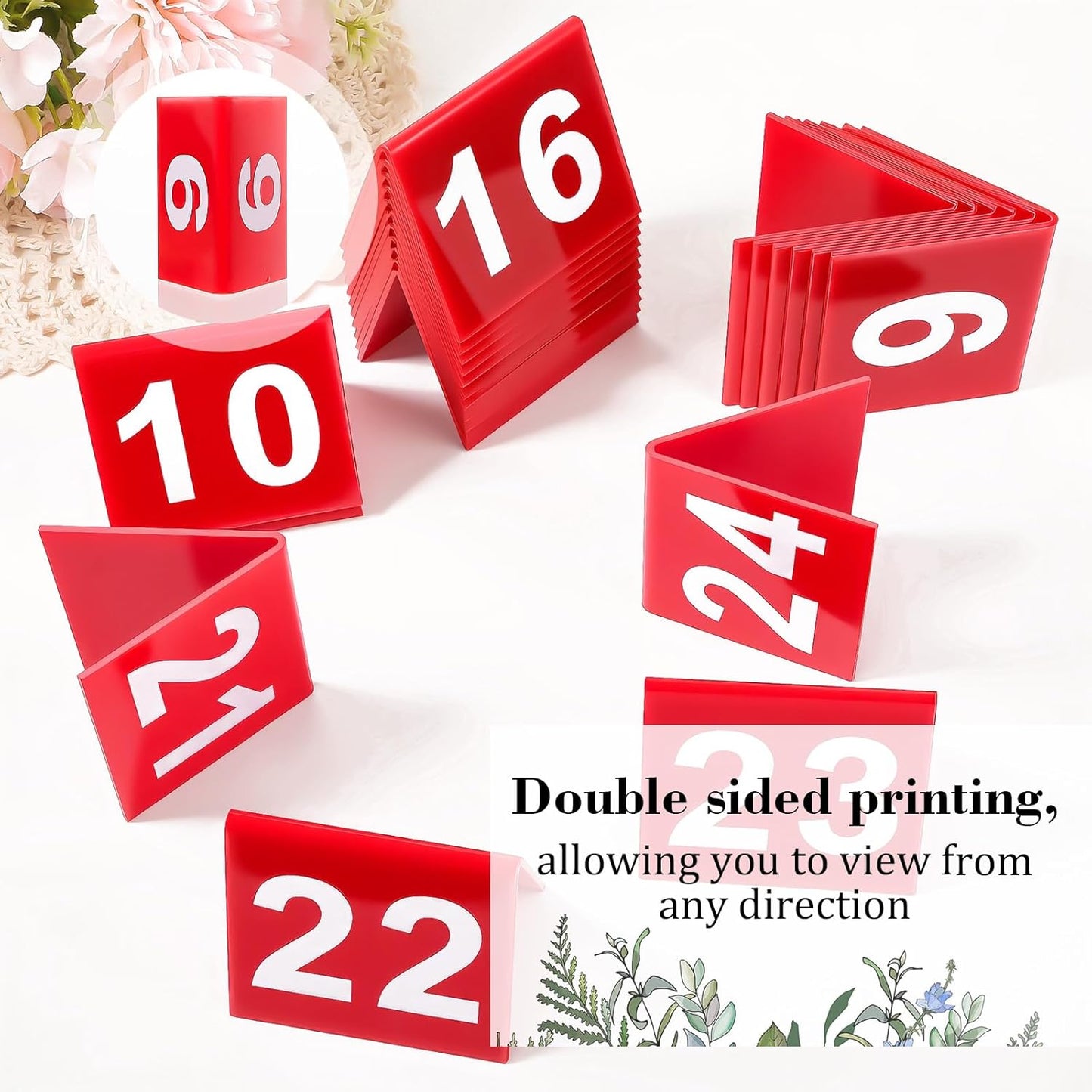 Table Numbers 1-25 Acrylic Double Side Numbered Table Tents Plastic Restaurant Wedding Numbers Cards Signs for Party Banquets Wedding Reception (Red, White)