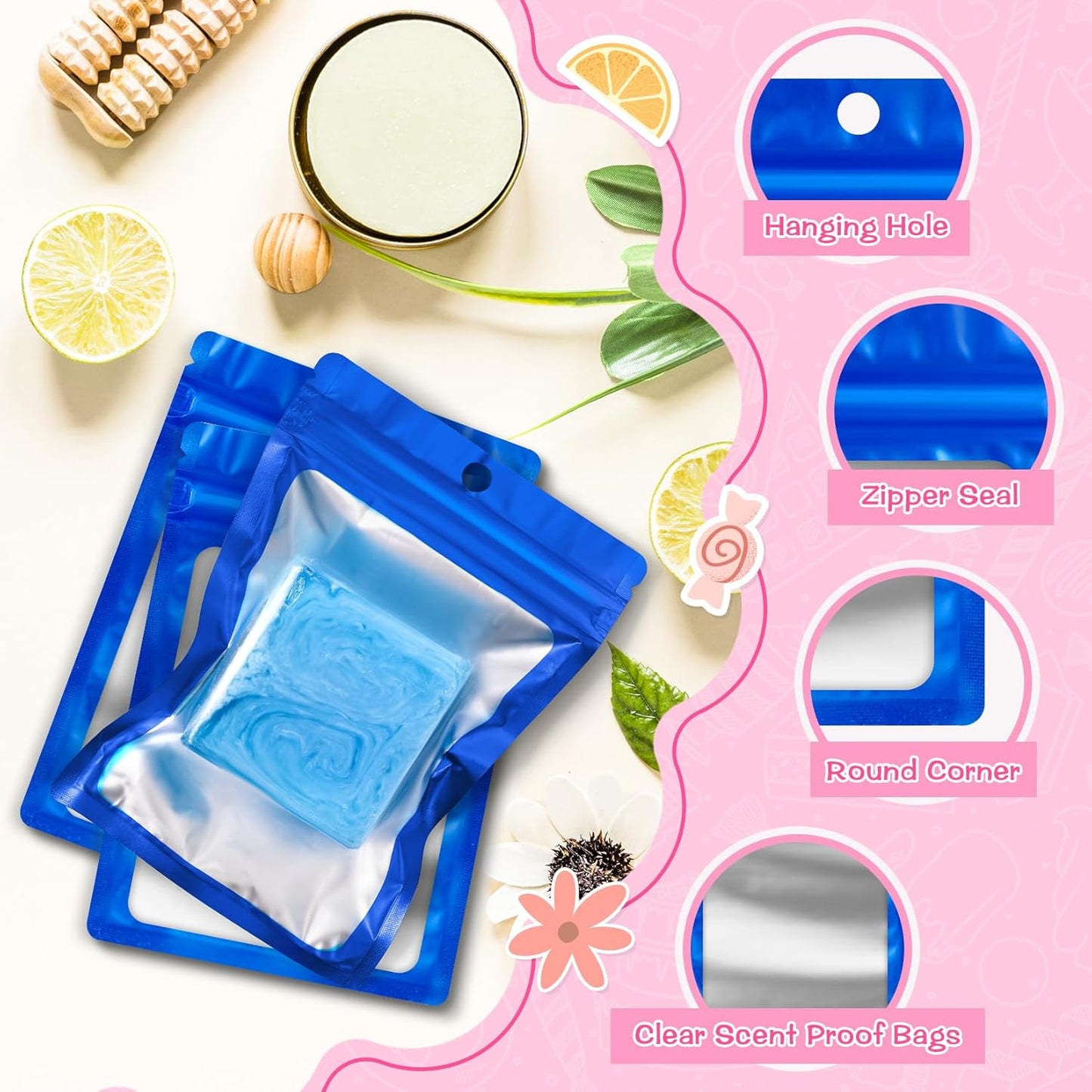 FUNFERY 100 Pack Mylar Resealable Bags Foil Packaging Bags with Clear Window,Zipper Pouch Smell Proof Bag for Food Storage,Cookies,Sample,Small Business(Blue,4x6inch)