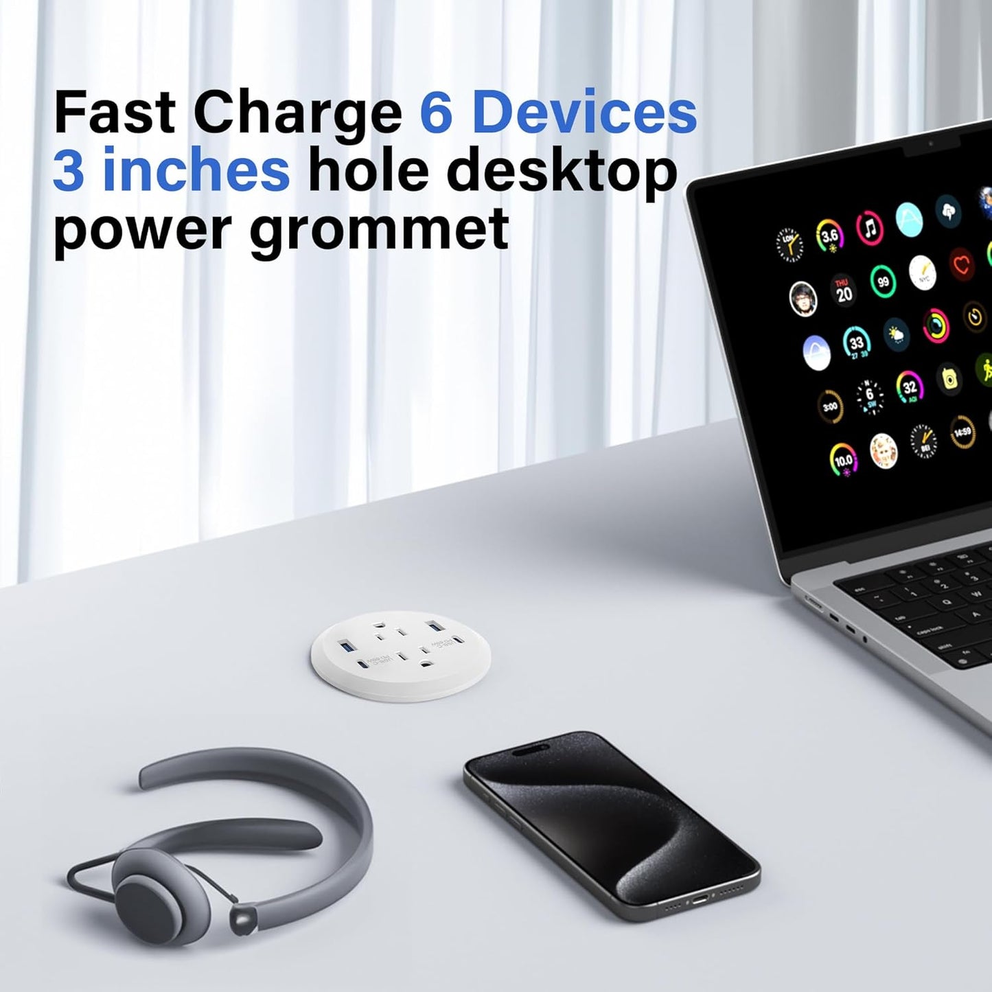 3 inch Desktop Power Grommet USB C,65W Fast Charging Station,Furniture Recessed Power Strip,2 Outlets,4 USB Ports,Flush-Mount for Desktop, Workspace Essential Desk Outlet,2 Pack (White)