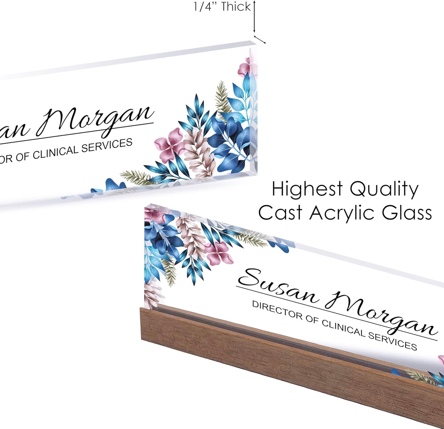 ARTBLOX | Office Personalized Name Plate Blue Leaf Design On Clear Acrylic Glass for Desk with Business Card Holder