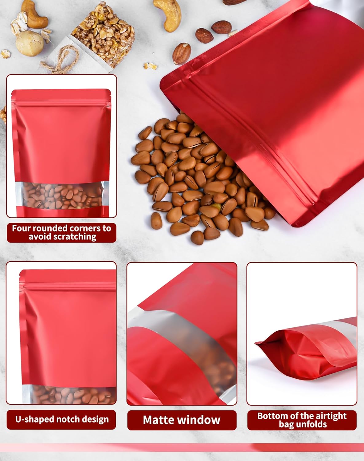 FireKylin 100 Pack Smell Proof Bags 5.5" x 7.8", Resealable Bags with Matte Window, Foil Pouch Stand Up Sealable Bags for Packaging（Red）