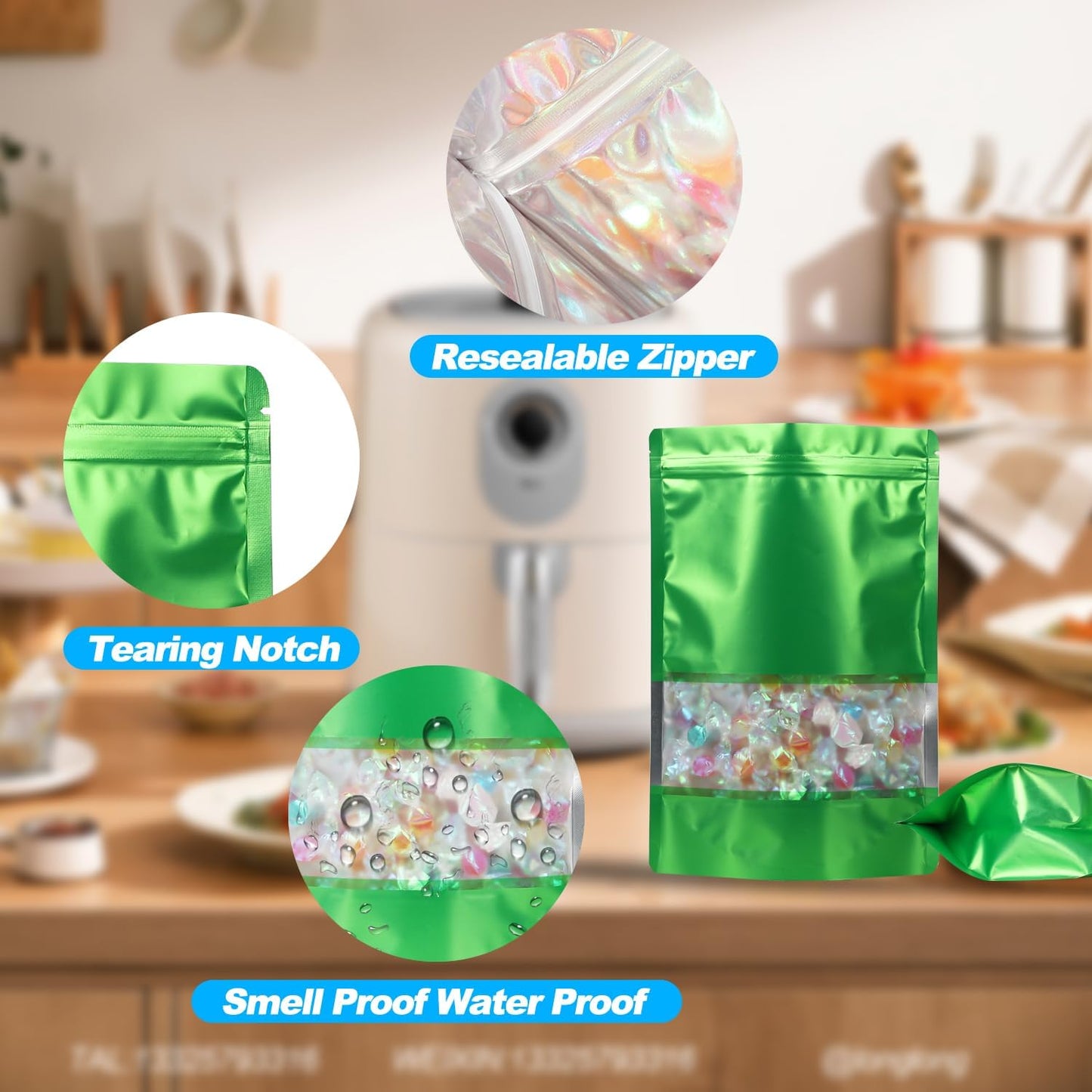 100 Pack Smell Proof Bags, Resealable Mylar Bags with Matte Window, Foil Pouch Stand-up Bags for Food Self Sealing Storage, Scratch Resistant Hand Storage Bags.(Green, 4.7×7.9 Inch)