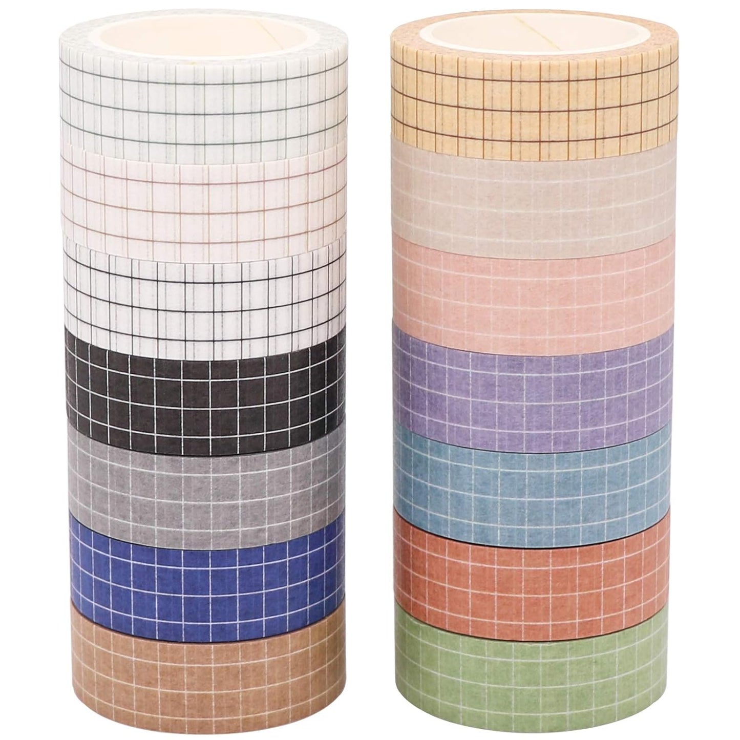 Knaid Grid Washi Tape Set, 14 Rolls of 15 mm Wide Decorative Colored Masking Tapes for Scrapbooking, DIY Decor and Crafts, Bullet Journals, Planners, Junk Journal, Gift Wrapping