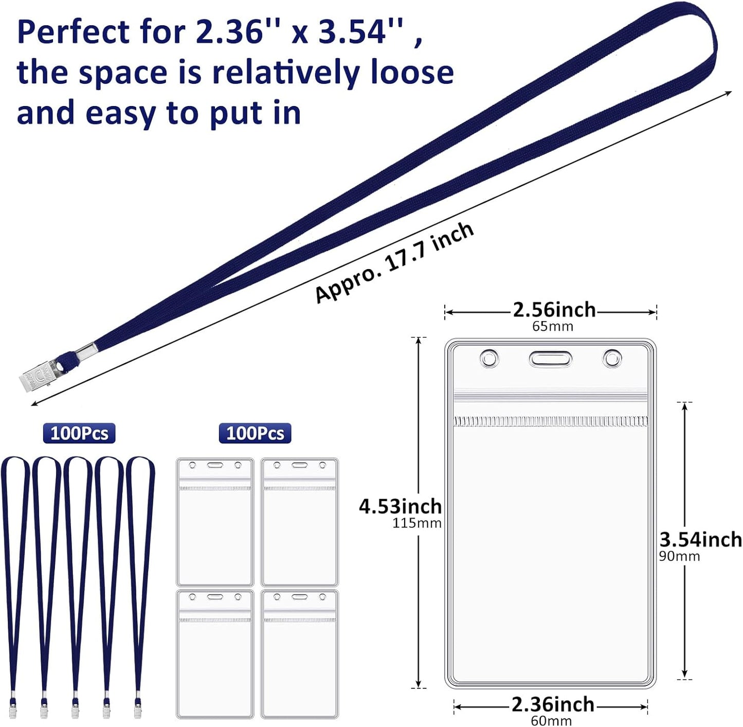 Marspark 200 Pcs Name Tag Lanyards with ID Holder Lanyards for ID Badges Resealable Flat Neck Name Tag with Clip Waterproof Plastic Clear Badges Bulk for School Office Supplies (Dark Blue)