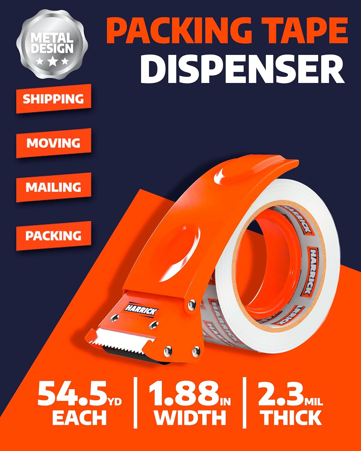 Clear Packing Tape with Dispenser 1.88 inch - Metal Strong & Durable Heavy Duty Packing Tape with Dispenser - Strong Strapping Tape with Dispenser Easy Tear & Seal - 1 Roll / 1 Dispenser / 54.5 Yards